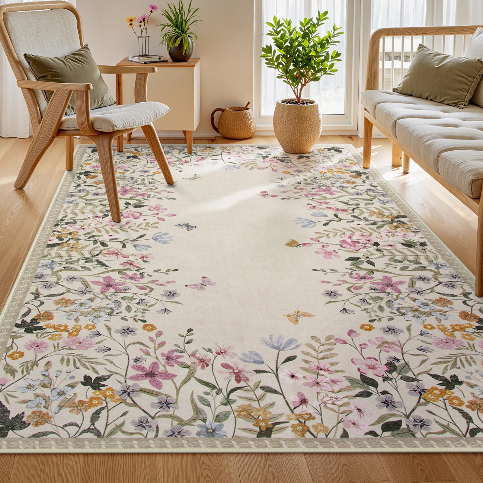 Wonnitar Washable 5x7 Rug for Living Room, Floral Print Large Bedroom Area Rug, Non-Slip Dining Table Throw Mat, Botanical Area Rug Carpet for Entry