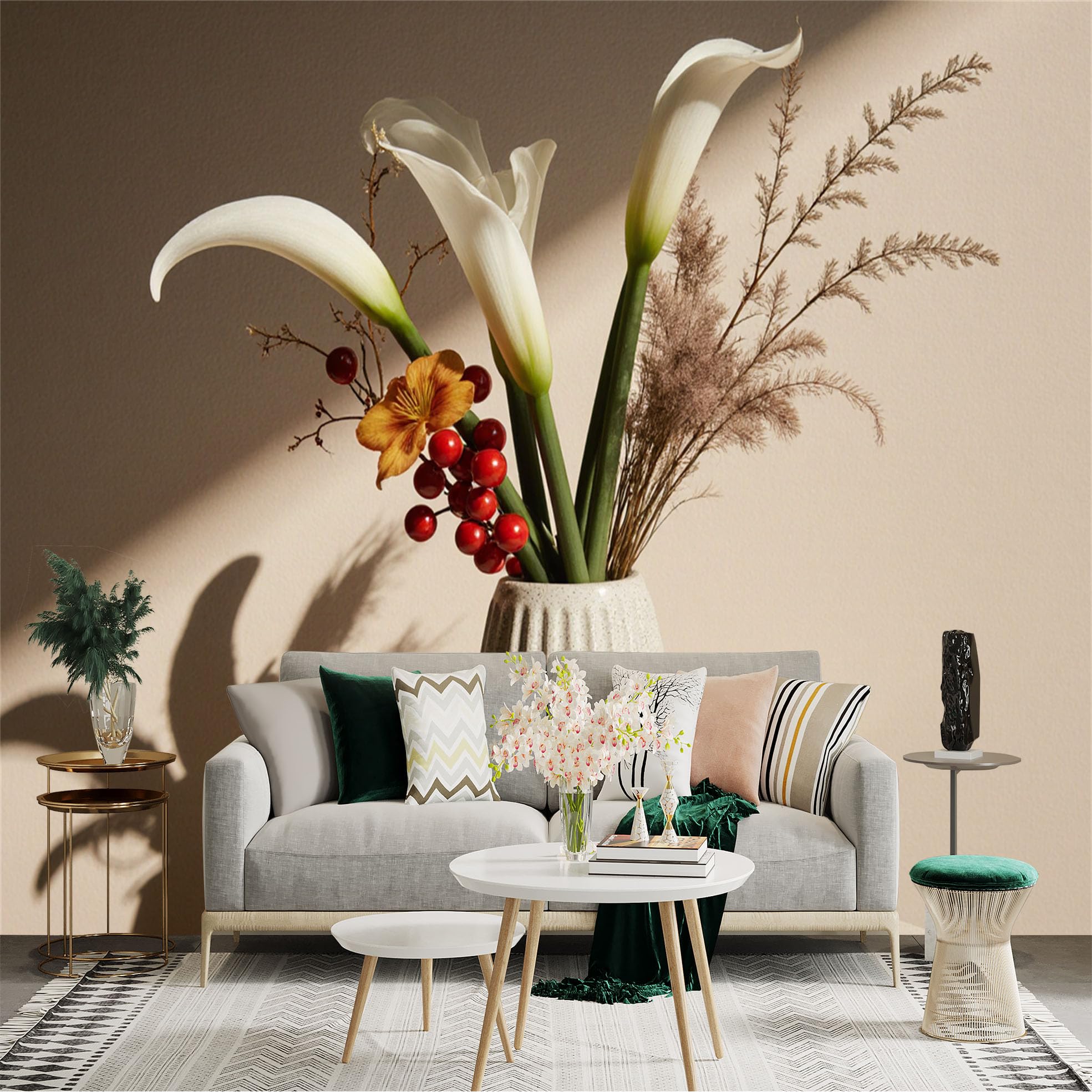 Custom Size Wall Sticker Mural， Elegant Calla Lilies in Ceramic Vase， Dried Floral Arrangement with Red Berries， Minimalist Botanical Art， for wall Decoration， peelandstick wall Decals.