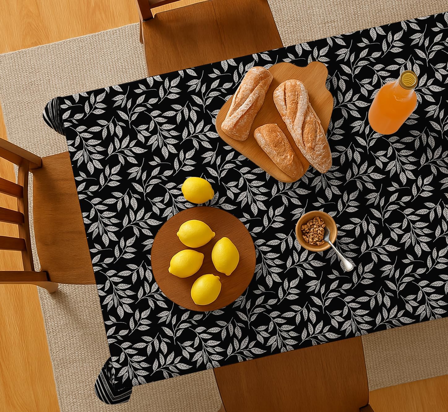 Leaves Design Tablecloth- Black 60x60 Inch Cotton Twill Dining Table Cover, Perfect for 4 Seater Tables, Durable, Protective & Washable, Ideal for Everyday Use, Festive Occasions & Gathering