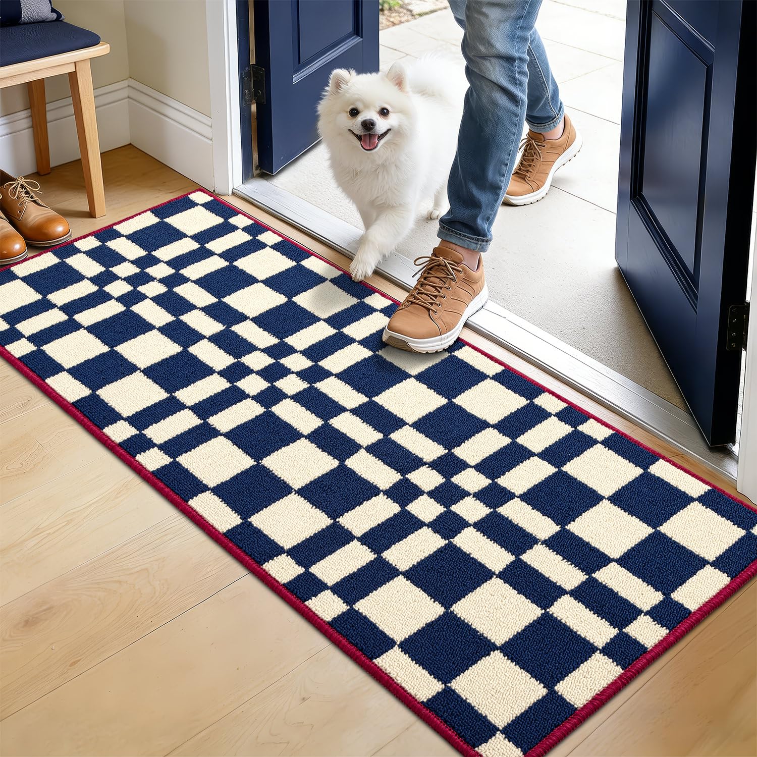 Biscpro Checkered Grid Checkerboard Dirt Trapper Indoor Doormat,80x120cm Welcome Door mat,Non Slip Door Mats Indoor,Washable and Absorbent Low-Profile Entryway Rug for Hallways,Kitchen,Laundry(Blue)