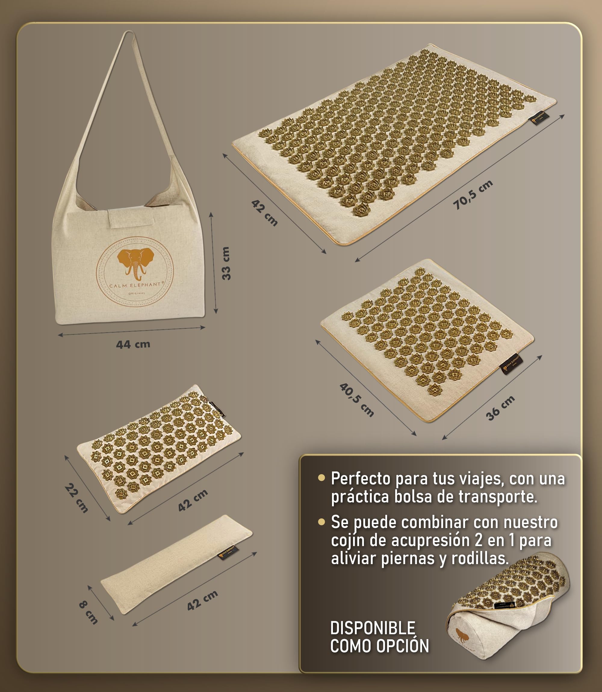 CALM ELEPHANT ORIGINAL Esterilla de Acupresión con Cojín XXL Set Genuine 5 Piezas, Masaje Espalda, Libera Tensiones, Cojín con Calor, Cojín Lumbar, Esterilla Pies y Bolsa - Beige