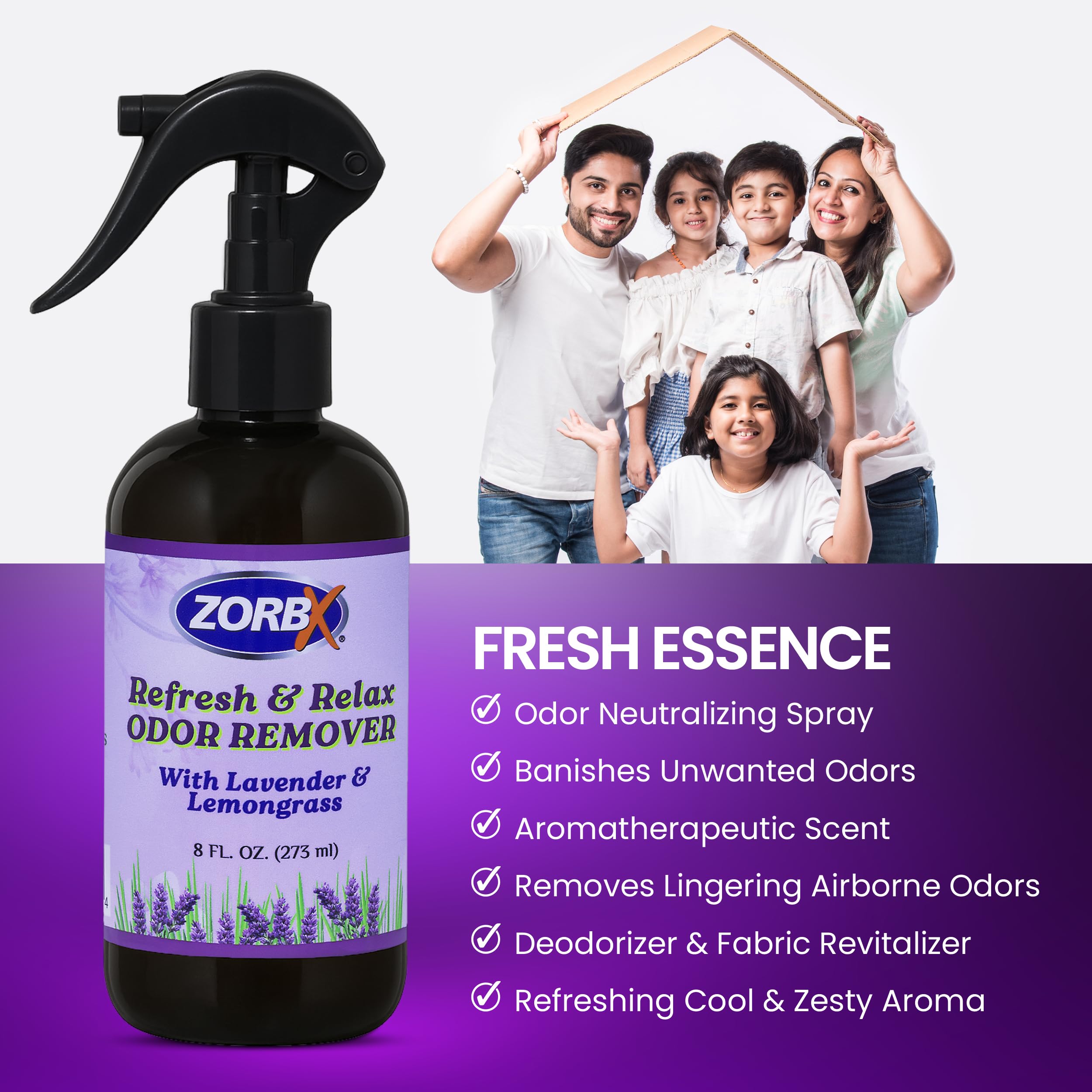 Zorbx Refresh & Relax Geruchsentferner Spray mit Lavendel und Zitronengras – Lufterfrischer, Geruchsabsorber für Zuhause, Kleidung, Küche, Zimmer, Stoff, Möbel, Autos (250 ml, 2 Stück)