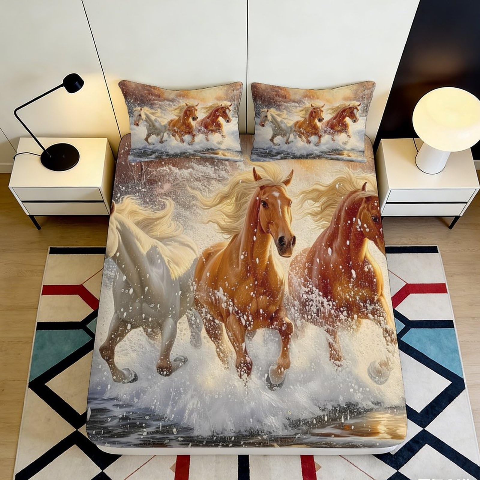 3D Printed Running Horse Fitted Sheet Microfiber Soft Decor Wild Stallion Bed Cover for Bedroom Dorm Guest Room 90x200x25cm