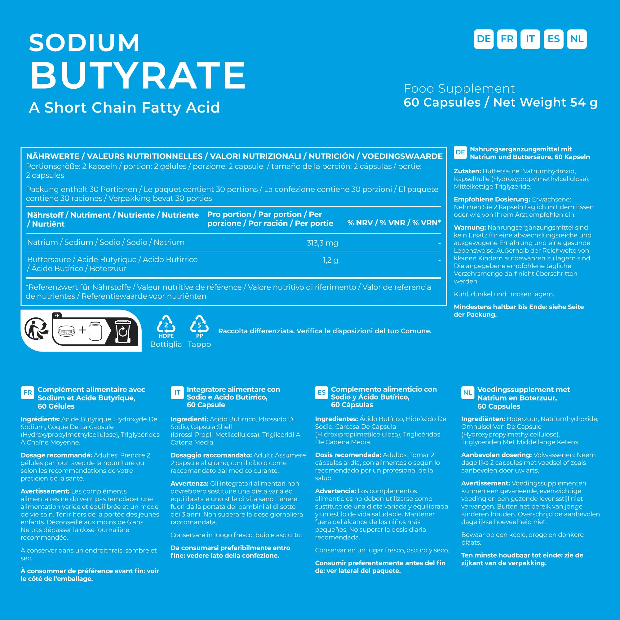BodyBio Butyrate - Postbiotikum für Darmgesundheit, Verdauung & Blähbauch - Natrium- & Buttersäure-Komplex für ein Gesundes Darmmikrobiom 60 Kapsel