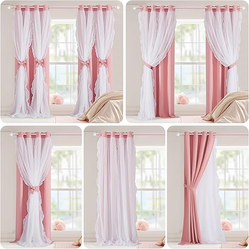 Vista 82 de PONY DANCE Cortinas decorativas para niñas, cortinas decorativas para niños, cortina de doble capa con volantes, superposición para oscurecer