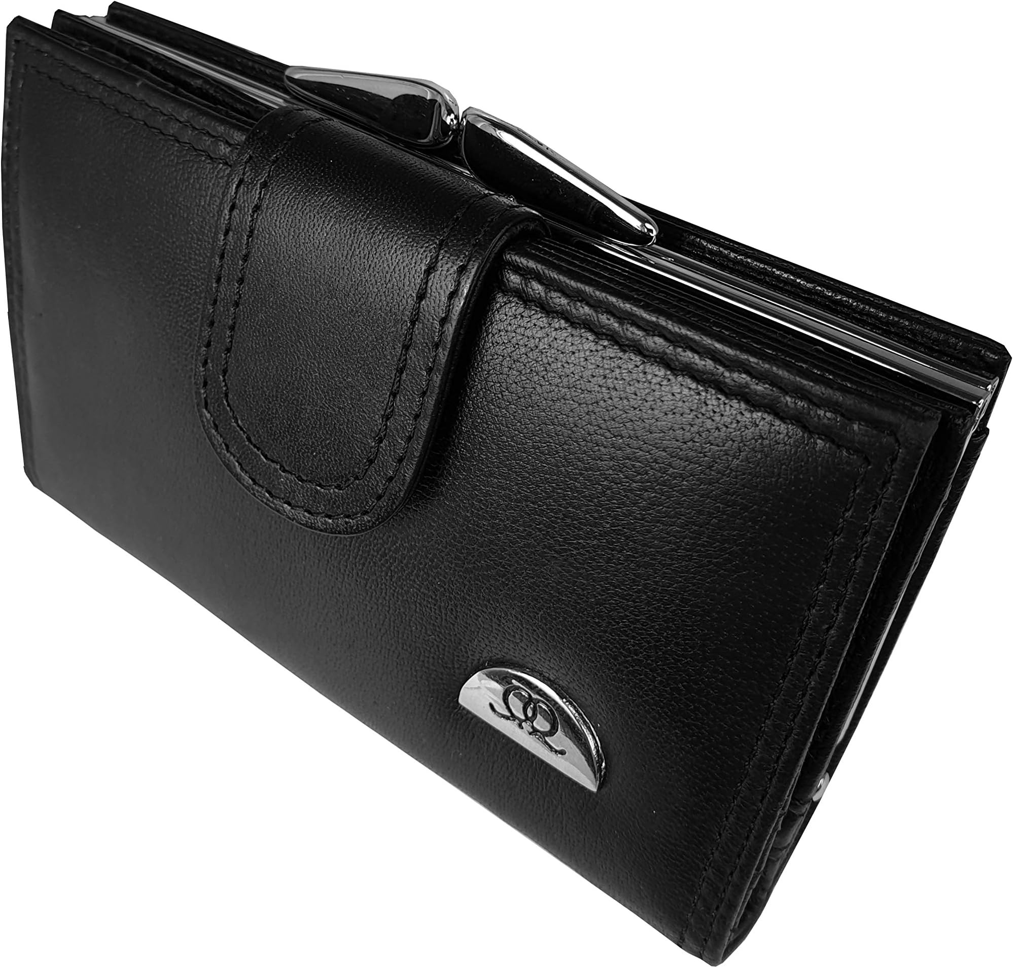 Ladies Designer Leather Purse - 8 RFID Blocking Debit or Credit Card Spaces with Button Closure - Large Metal Clasped Coin Section - 2 Bank Note Sections - 14cm x9x2.5 Black QL439K