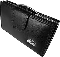 Quenchy London Ladies Designer Leather Purse - 8 RFID Blocking Debit or Credit Card Spaces with Button Closure - Large Metal Clasped Coin Section - 2 Bank Note Sections - 14cm x9x2.5 Black QL439K