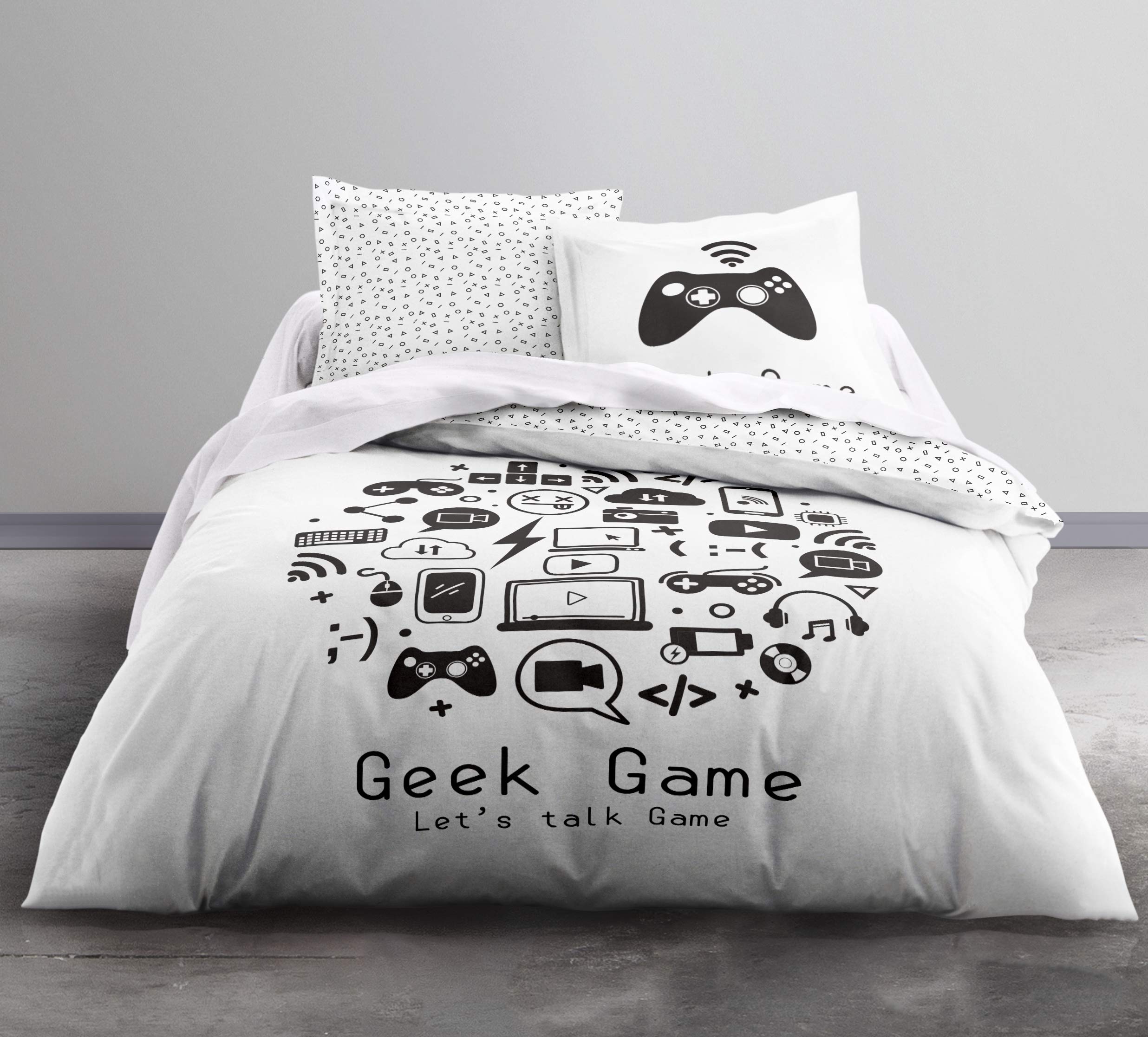 Parure Letto Geek Game - Copripiumino 220x240cm + 2 Federe 63x63cm, Cotone 57 Fili - Foto 5