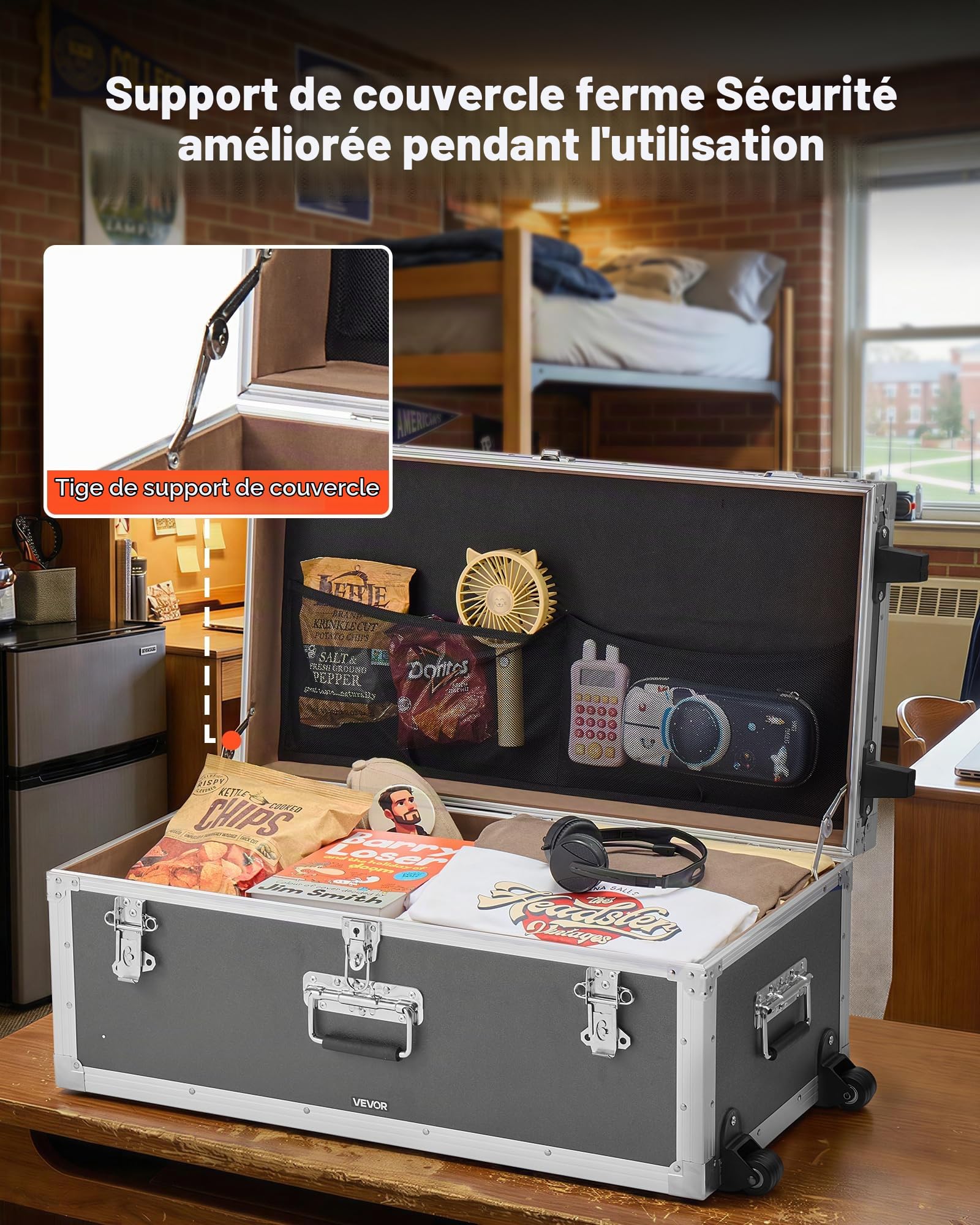 VEVOR Lot de 2 Caisses de Transport, Coffre de Rangement à Roulettes avec 3 Poignées Métalliques, Valises pour Déménagement, Voyage, Stockage d'Outils, Cadre en Métal et Cadenas à Combinaison, Grises
