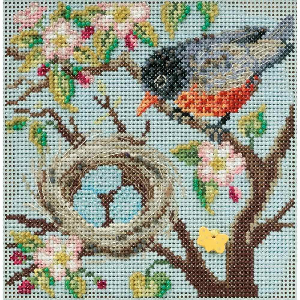Kit point de croix Spring Robin boutons et perles 14 count