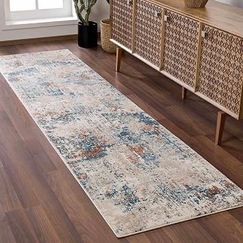 BoutiqueRugs Ivory Abstract Contemporary Tan 10ft Runner Rug Teal Sky Blue Beige Dark Brown Burnt Orange Priscilla Hallway Kitchen Corridor Stairway Laundry Room 27" x 102" Stain Resistant