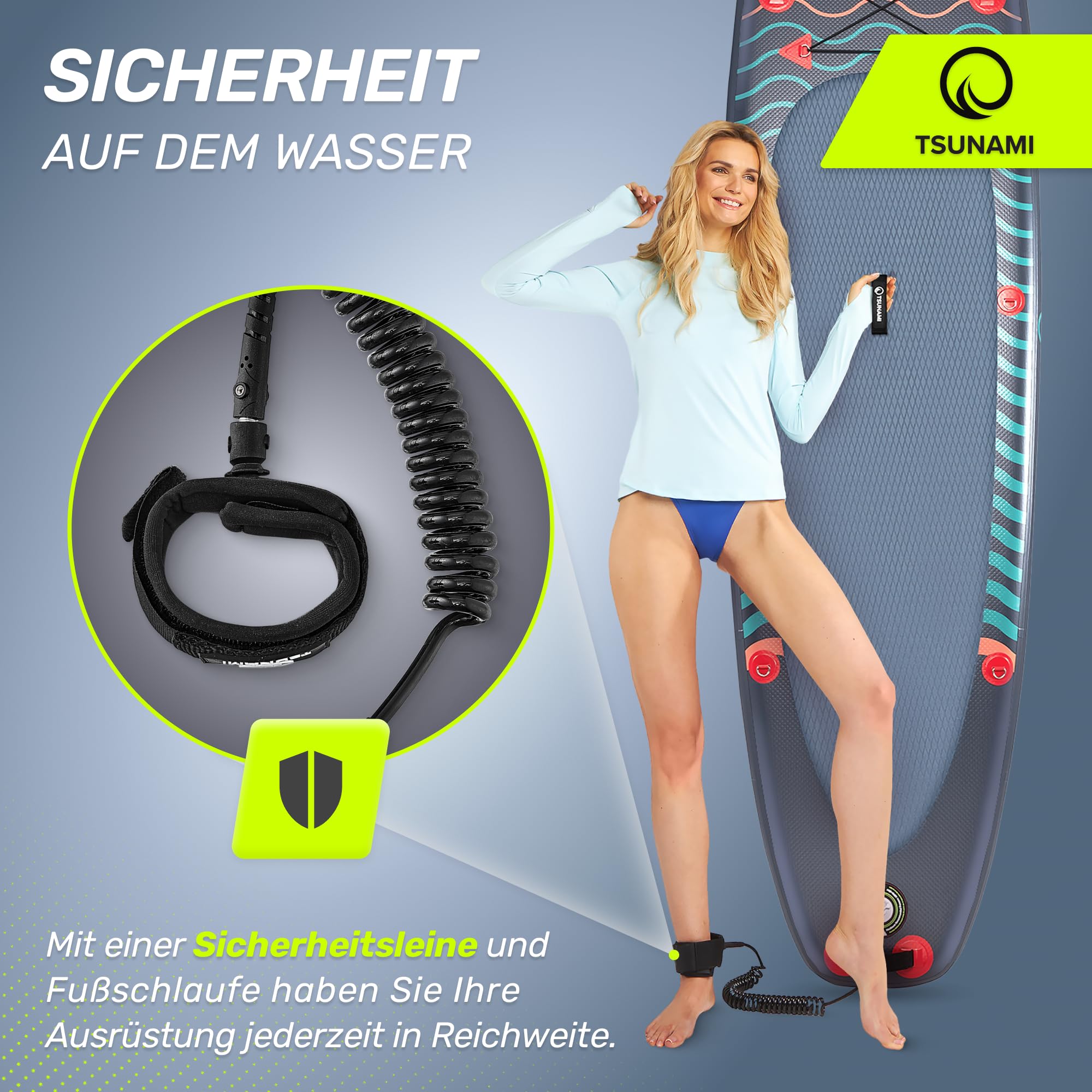 TSUNAMI Stand Up Paddling Board Model T, SUP-Board mit Komplettes Zubehör, Board-Tasche, Pumpe und Sicherheitsleine, Tragkraft bis 150kg, Länge 350 cm, für Erwachsene und Jugendliche Aller Niveaus