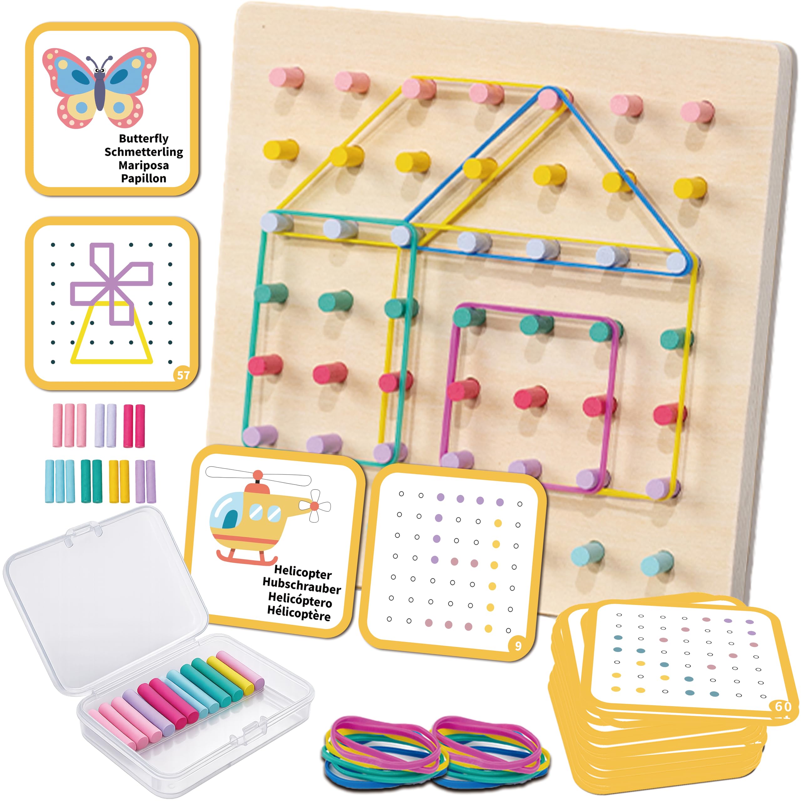 Busaurus 2-in-1 Wooden Peg Board & Geoboard for Kids, Fine Motor Skills Toy with 49 Wooden Pegs, 60 Pattern Cards, Rubber Bands & Storage Box, Shape Building and Pattern Matching Game