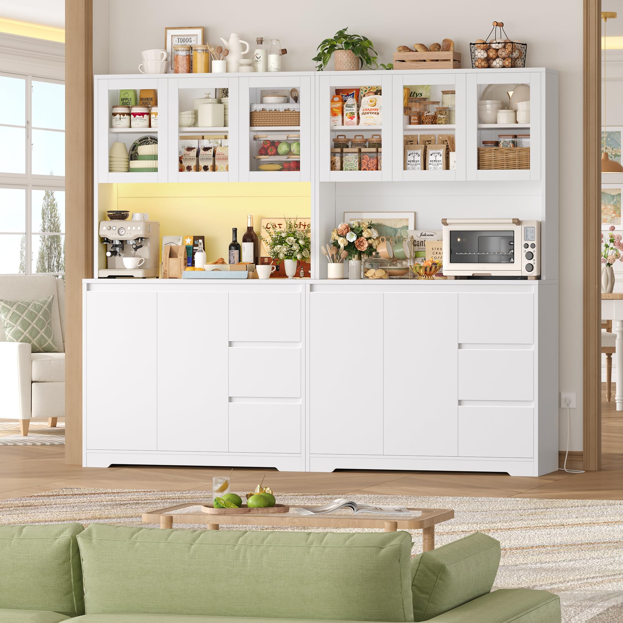 FirFurd Credenza Cucina, Credenza Alta con Luci a LED e Prese, Mobile Buffet con Cassetti e Armadi, Ripiani Regolabili, per Cucina, Soggiorno, Studio180x100x38,5cm (Bianco)