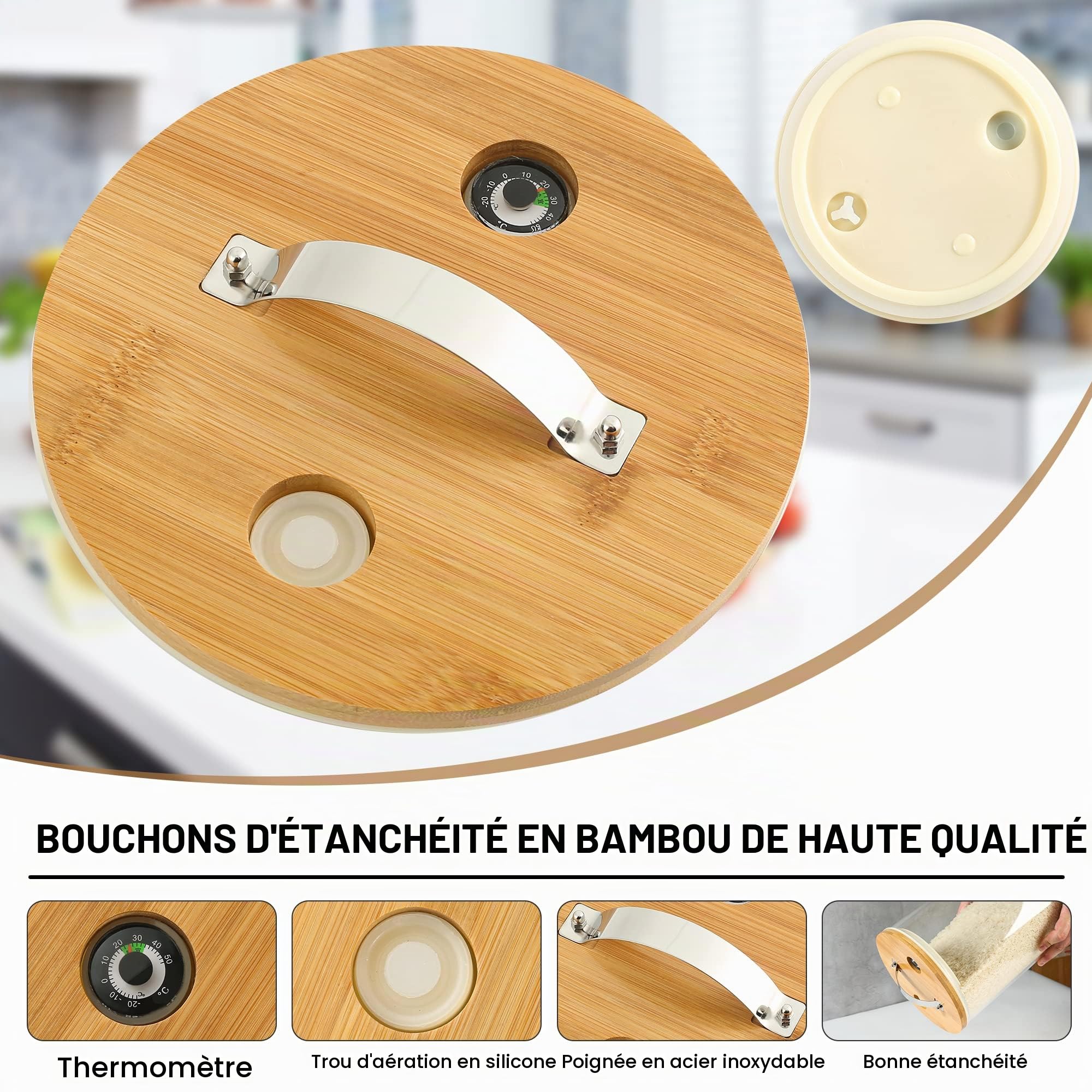 Distributeur de riz, récipient de stockage de riz : récipient de farine et de céréales avec couvercle hermétique et support en bois, récipient de stockage en verre pour l'organisation de la