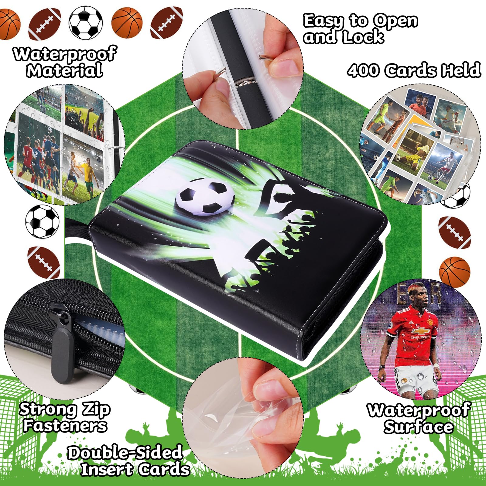 Album Raccoglitore Per Carte Da Calcio Con 50 Pagine E 400 Tasche - Custodia In PU Con Cerniera E Manico, Porta Carte Per Collezionismo, Adatto Per Calcio, Basket, Baseball - 3