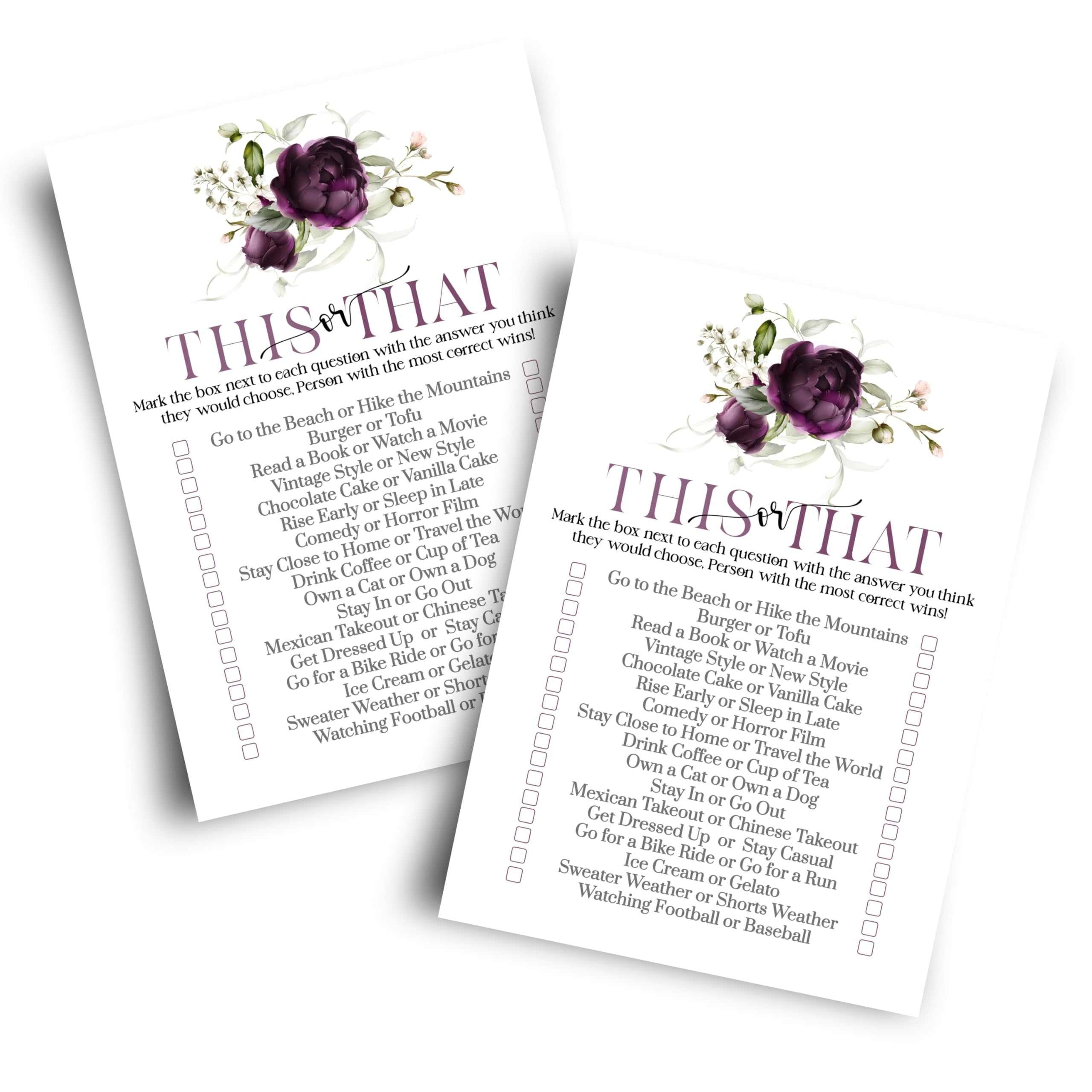 Purple Passion Bridal Shower Games - Would She Rather & This or That Game - 25 Card Pack for Graduation Parties, Rehearsal Dinners & Birthdays -