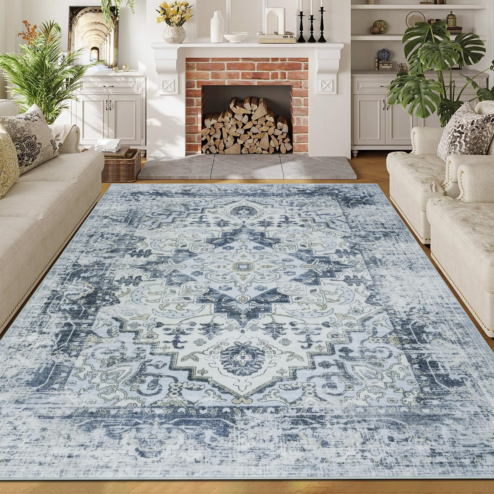 Homcomodar Living Room Rugs Large 160X230cm Vintage Rugs for Bedroom Non Slip Washable Rugs Living Room Low Pile Light Blue Carpets for Living Room Bedroom Dining Room Kids Room Laundry Office โ image 1