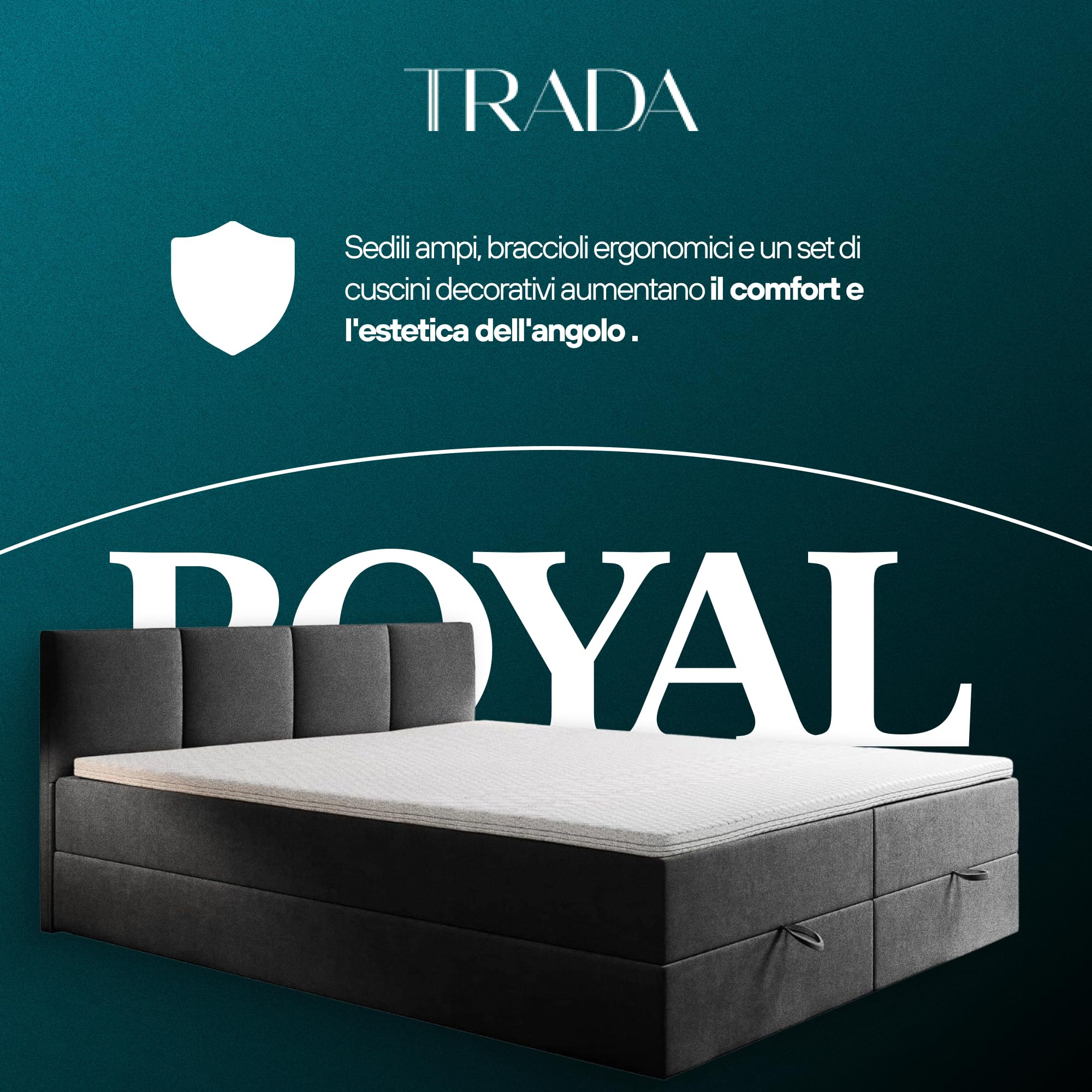 TRADA Matrimoniale con Contenitore 200x200 cm e Materasso Bonell - ROYAL - Letto Elegante con Topper 5 cm - Grigio