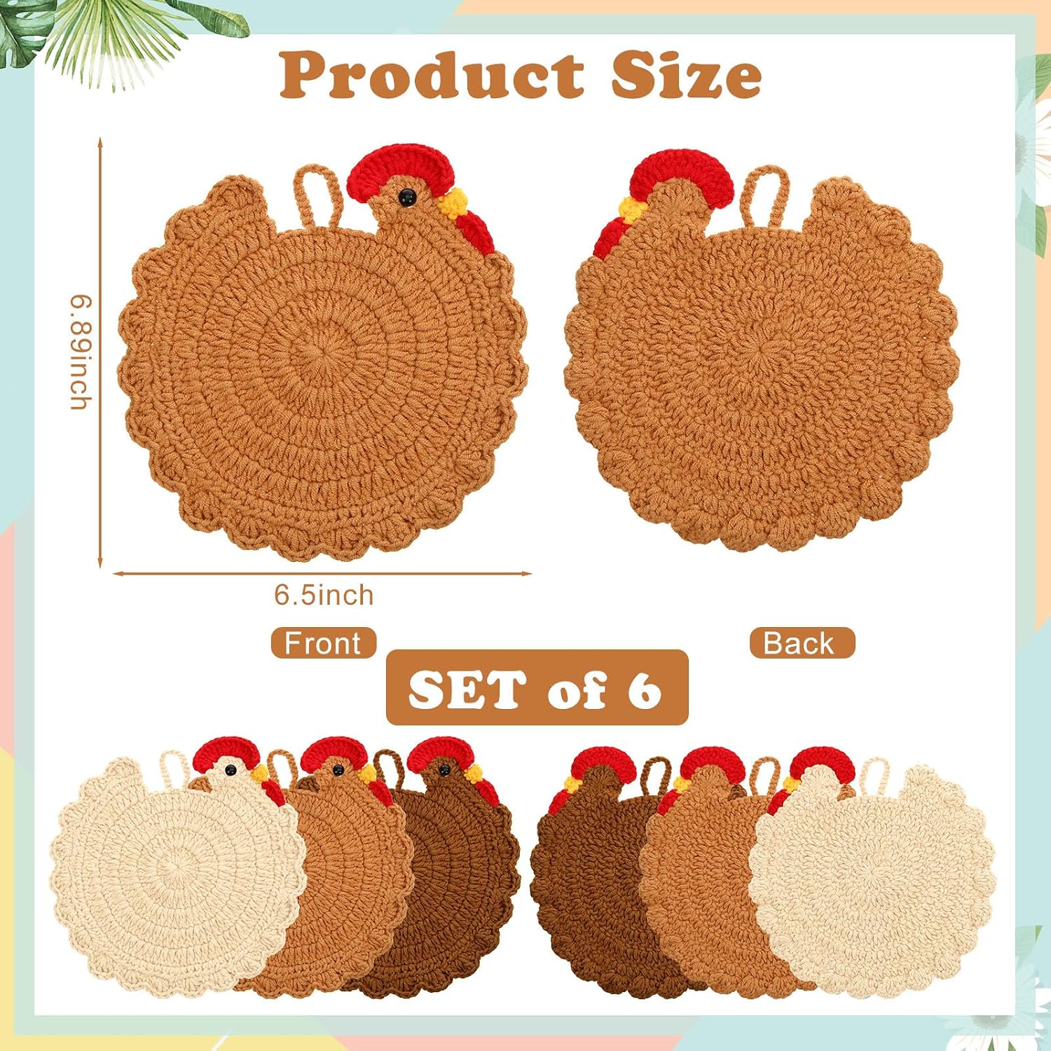 LemonRoad 6.5" x 6.8" 6 Pcs Trivets for Hot Dishes Pot Pad for Kitchen Farmhouse Pot Holder Handmade Crochet Chicken Trivets Gifts Braided Woven Coaster Protector for Lovers Housewarming(Retro Style)