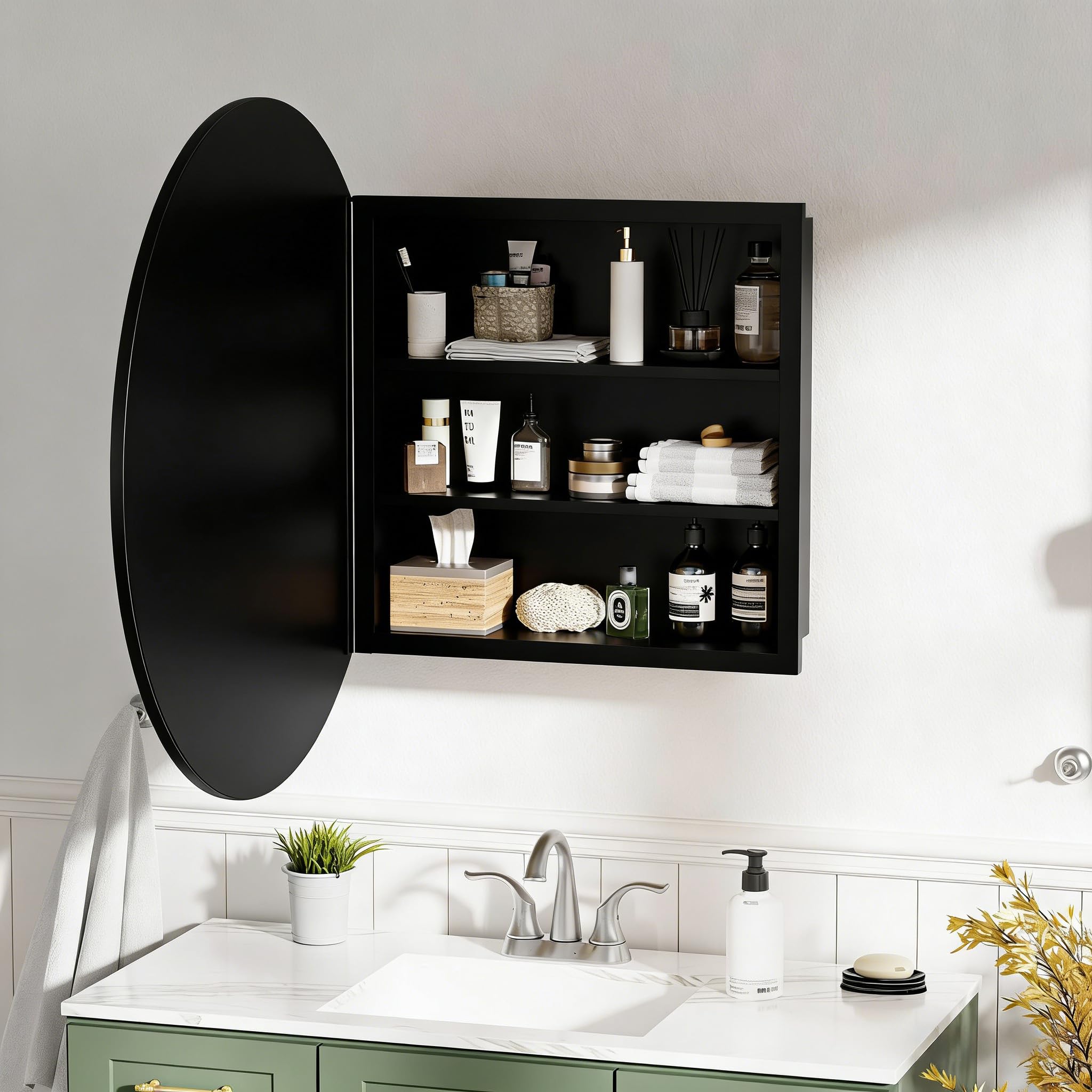 Armoire Salle de Bain avec Miroir Murale Arrondi Métal Armoire de Toilette Miroir avec 2 Étagère Noir (Aucun Assemblage requis) 52x52x12.5 cm