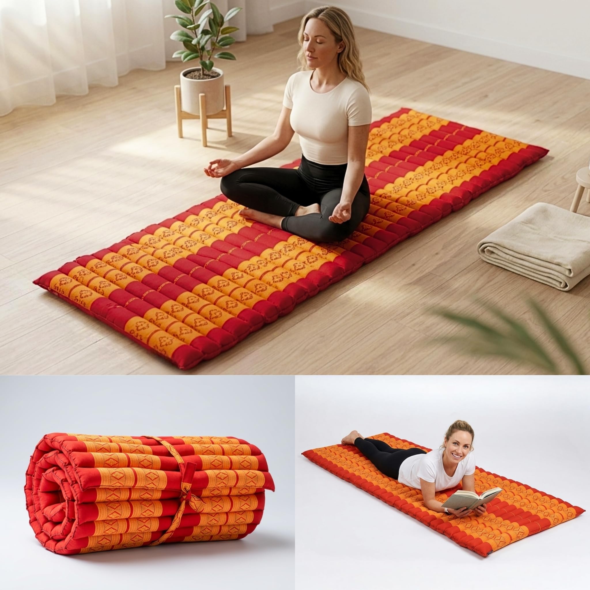 Leewadee Esterilla Thai Enrollable 190 x 70 cm Kapoc Firme | Colchoneta plegable y transpirable para dormir, yoga, meditación & masaje. De viaje, camping o como cama de invitados