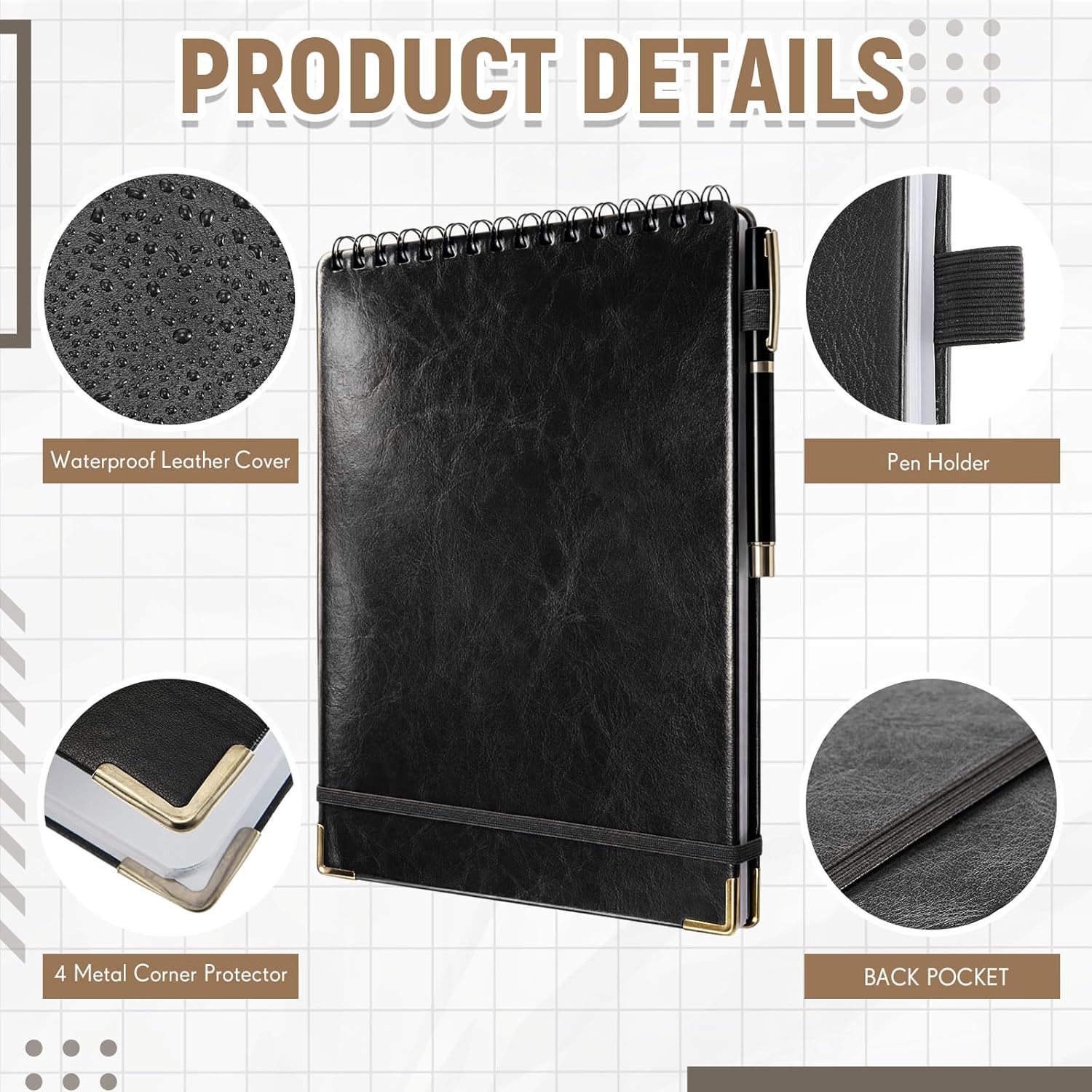 Qeeenar 2 Pack Top Spiral Notebooks with 2 Pens, 11 x 8.5 Inch Leather Large Steno Pads College Ruled Left Handed Writing 160 Pages 80gsm Thick Paper for Office School Meeting (Black)