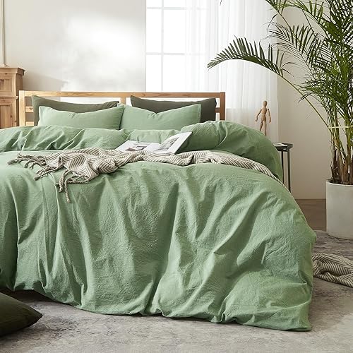 Miniatura 3 de AMWAN Juego de Funda de Edredón de Estilo Simple Color Verde Salvia Tamaño King Suave 100% Algodón Lavado Juegos de Ropa de Cama Color Sólido Verde