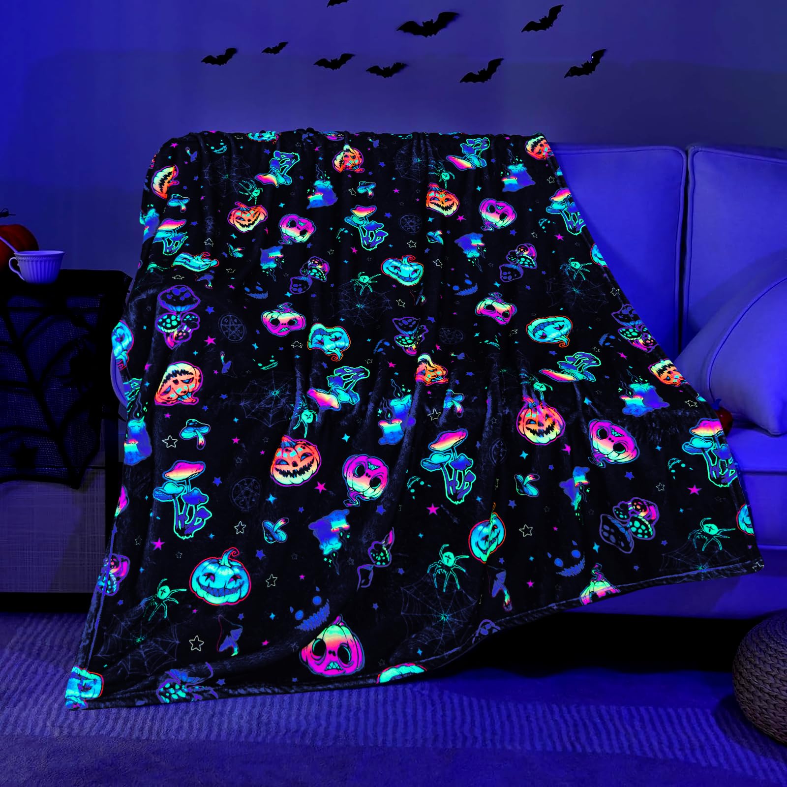 ASPMIZ Halloween Blanket Fluorescence, Soft Cozy Flannel Halloween Throw Blankets Glow in The Dark, UV Reactive Pumpkin Halloween Blankets and Throws for Couch Sofa Bed, Halloween Decor, 50 x 60 Inch