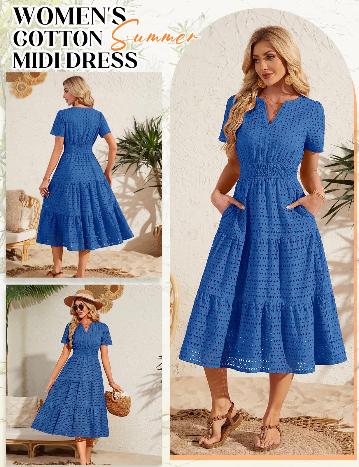Sommerkleid Damen Lang Baumwolle Kleider Sommer V-Ausschnitt Maxikleid Leicht Luftig Freizeitkleid A-Linie Casual Kurzarm Kleid Strandkleid mit Taschen