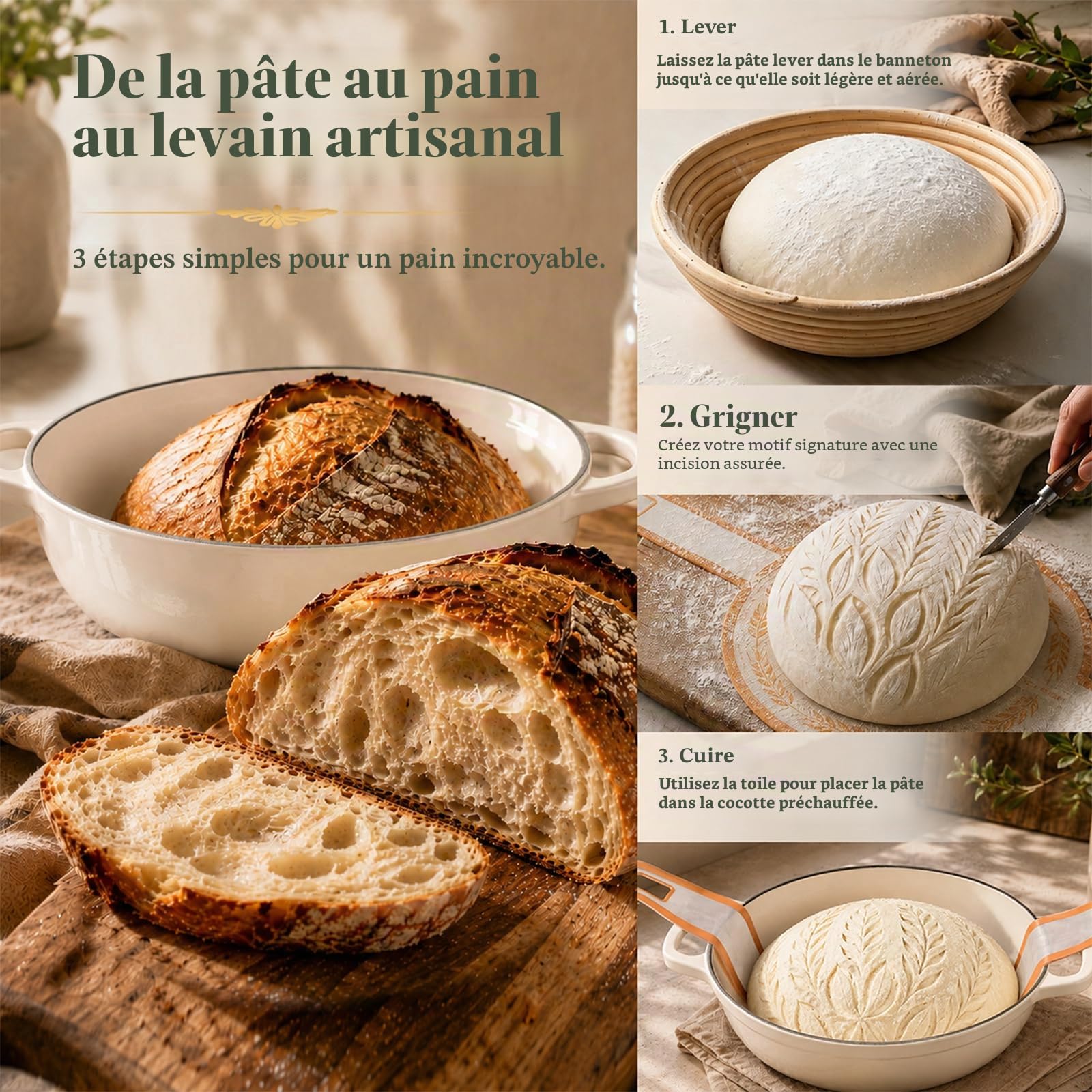 AHJ Cocotte en Fonte Émaillée, 5,7L/26cm Casserole Fonte Emaillee | Dutch Oven avec Pain Banneton,Émaillée Cocotte Pain avec Couvercle,pour Cuisine,Cuisson au Four,Mijotage et Saisissage