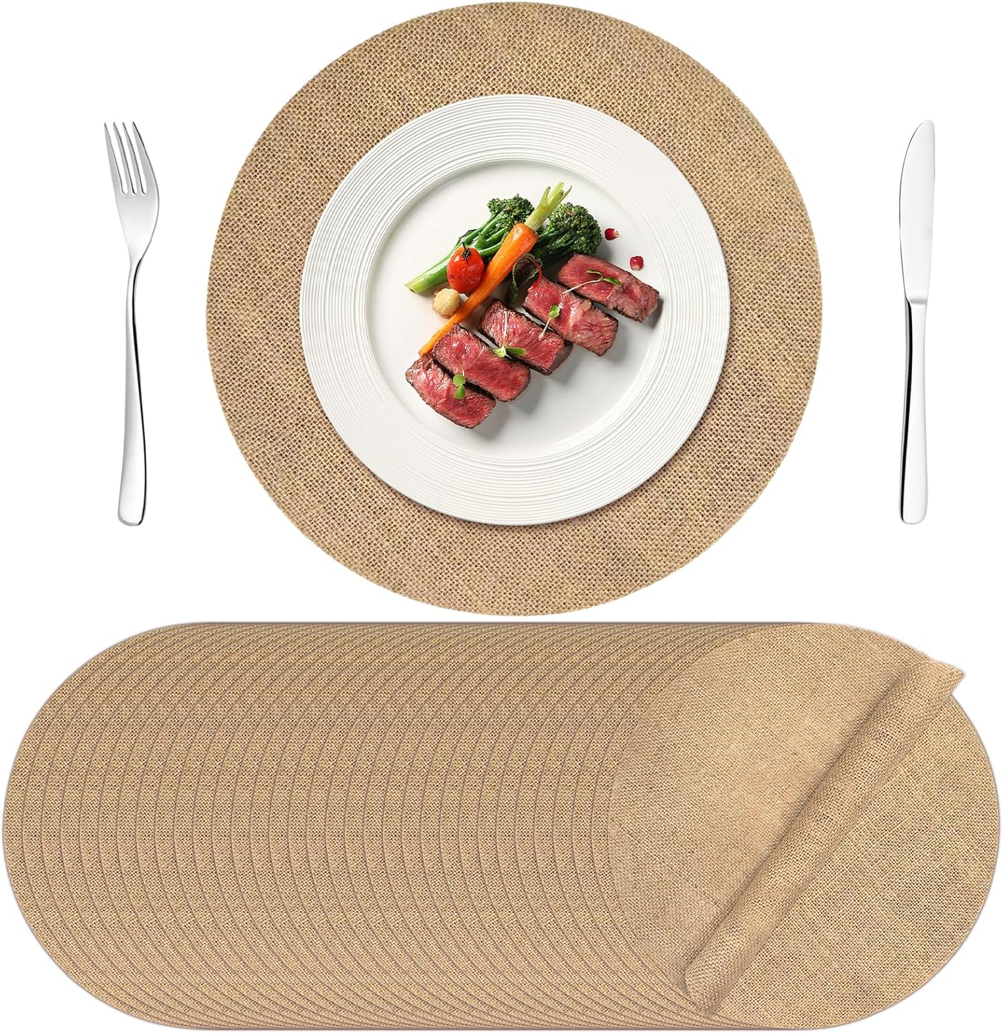 100 Pcs Round Burlap Placemats 11.8 Inch Bulk Burlap Reusable Placemats Circle Brown Table Mats Rustic Table Decorations for Dinner Wedding Farmhouse Table Decor