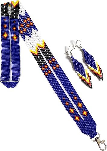 cordón de cuentas con pendientes de cuentas a juego, cordón de estilo nativo americano, titular de la insignia de cuentas, titular de la tarjeta de