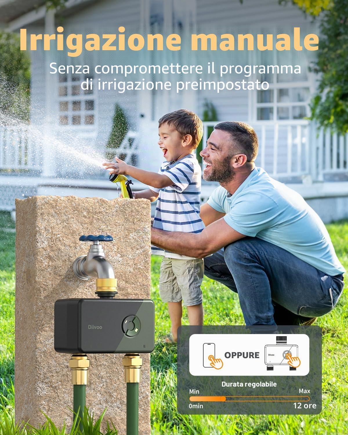 Diivoo Centralina Irrigazione WiFi 2 Zone con Ingresso Uscita in Ottone, Timer Irrigazione Smart Compatibile con APP e Vocale Alexa, Programmatore Irrigazione WiFi per Giardino, Prato