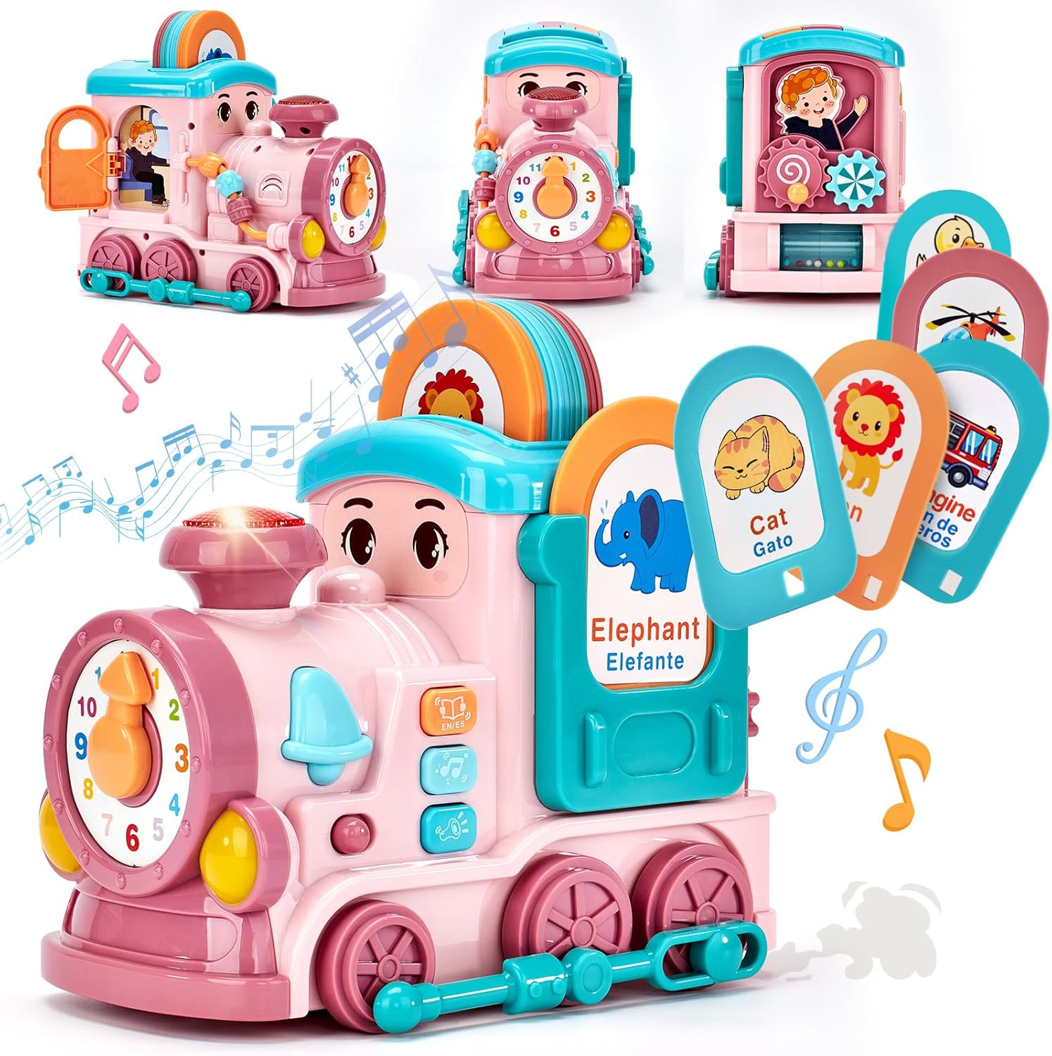 hahaland Musical Toy for Baby Girl Gifts,First Year Activity Musical Train with Talking Flash Cards Bilingual (EN/ES), Educational Learning Toys for Toddlers, Baby Toys 18-36 Months Girl Easter Gifts