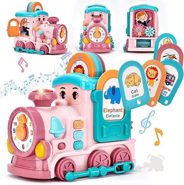 hahaland Musical Toy for Baby Girl Gifts，First Year Activity Musical Train with Talking Flash Cards Bilingual (EN/ES), Educational Learning Toys for Toddlers, Baby Toys 18-36 Months Girl Easter Gifts