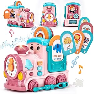 hahaland Musical Toy for Baby Girl GiftsFirst Year Activity Musical Train with Talking Flash Cards Bilingual (EN/ES), Educational Learning Toys for Toddlers, Baby Toys 18-36 Months Girl Easter Gifts