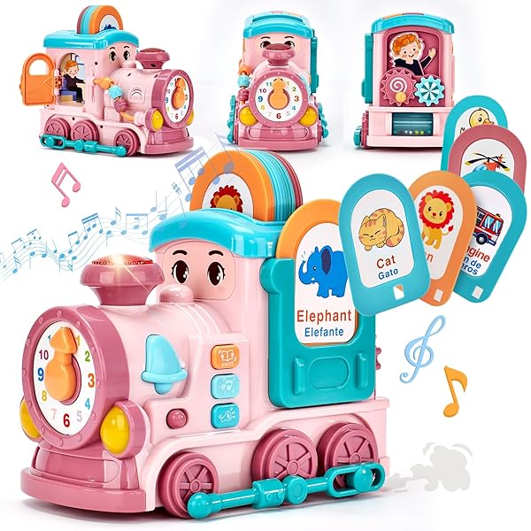 hahaland Musical Toy for Baby Girl GiftsFirst Year Activity Musical Train with Talking Flash Cards Bilingual (EN/ES), Educational Learning Toys for Toddlers, Baby Toys 18-36 Months Girl Easter Gifts