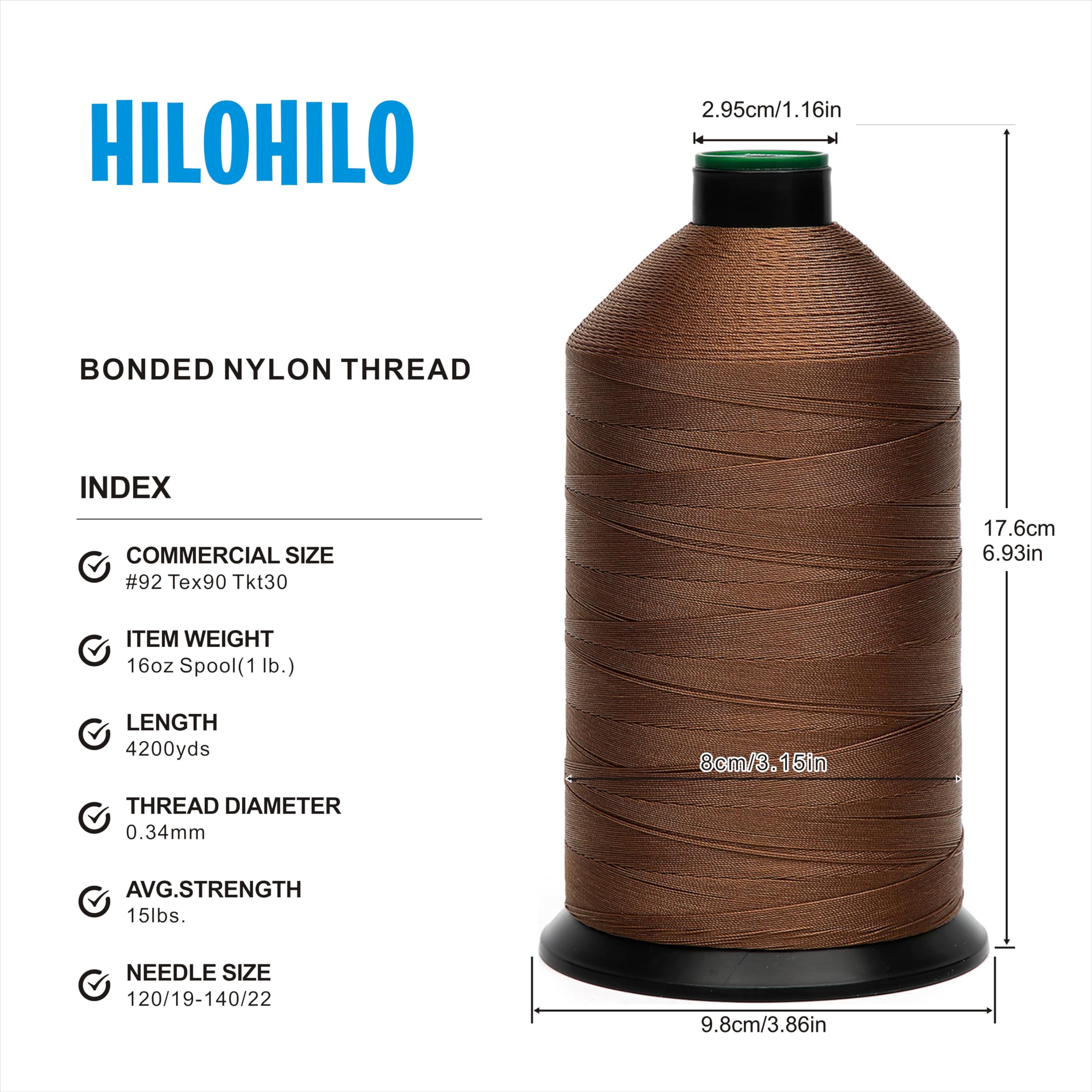 Hilo de nailon unido extra fuerte #92 Tex90 - 16 onzas, 4200 yardas, solución de costura versátil para cuero, tapicería, reparación de lona y más (marrón claro)