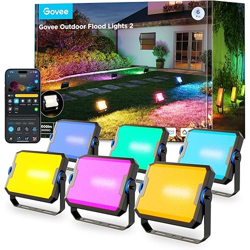 Govee Outdoor Flood Lights 2, RGBIC Warm Cold White LED Lights for Outdoor Decorations, 50 Scene Modes, Landscape Lighting, Upgrated IP66 with App Control, Wired 6 Pack