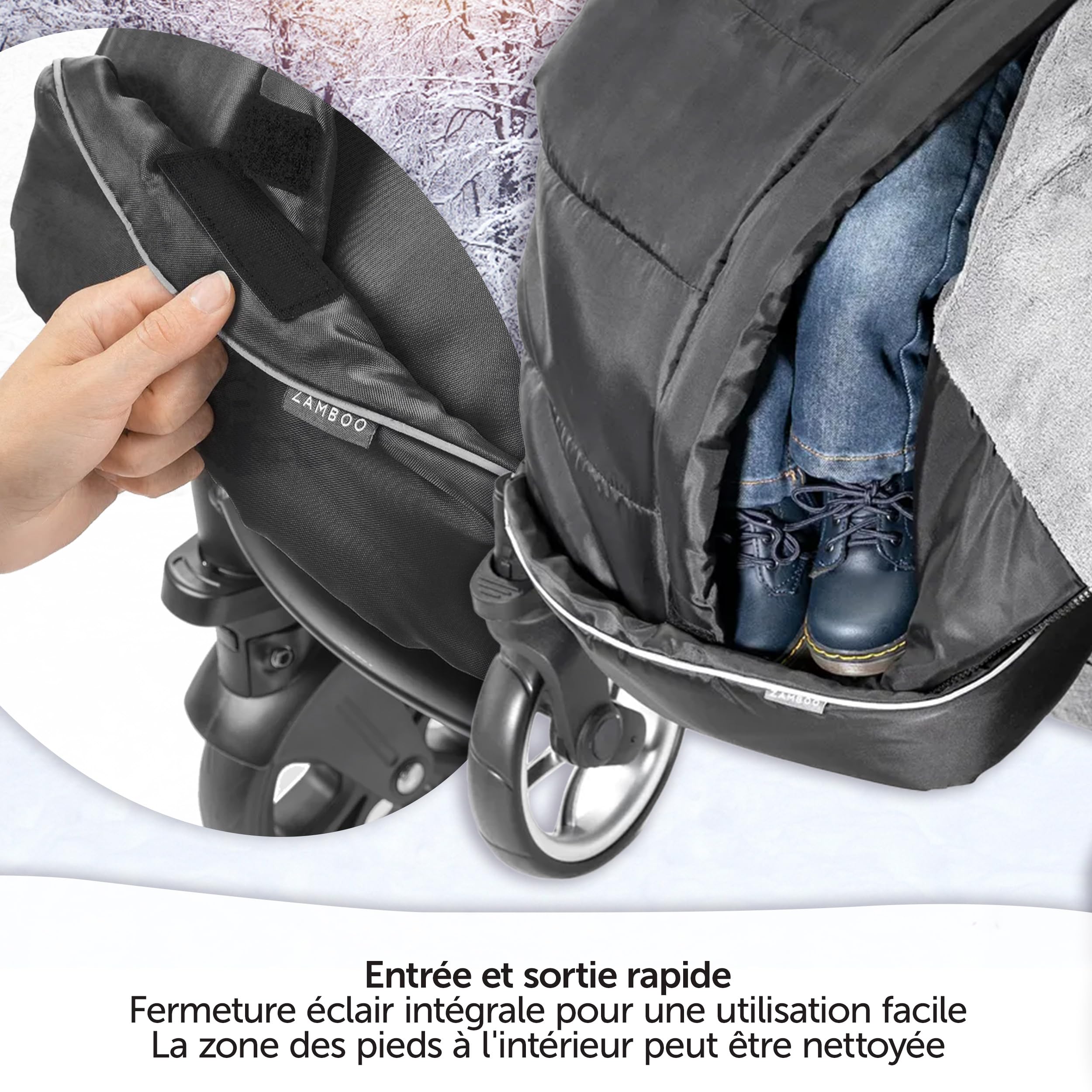 Zamboo Chanceliere Universelle Hiver pour Poussette et Landau – Nid d'ange Bebe en Polaire Thermique, Sac de Rangement, Antidérapant et Bandes Réfléchissantes – Noir
