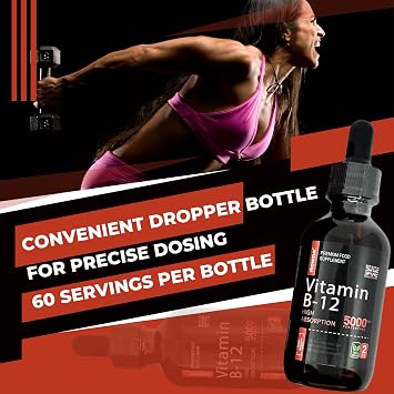 Vitamin B12 Liquid Drops 5000mcg – High Strength Methylcobalamin – Fast Absorbing Vegan B12 Supplement – 60ml Dropper Bottle – Gluten Free, Energy & Wellness Support