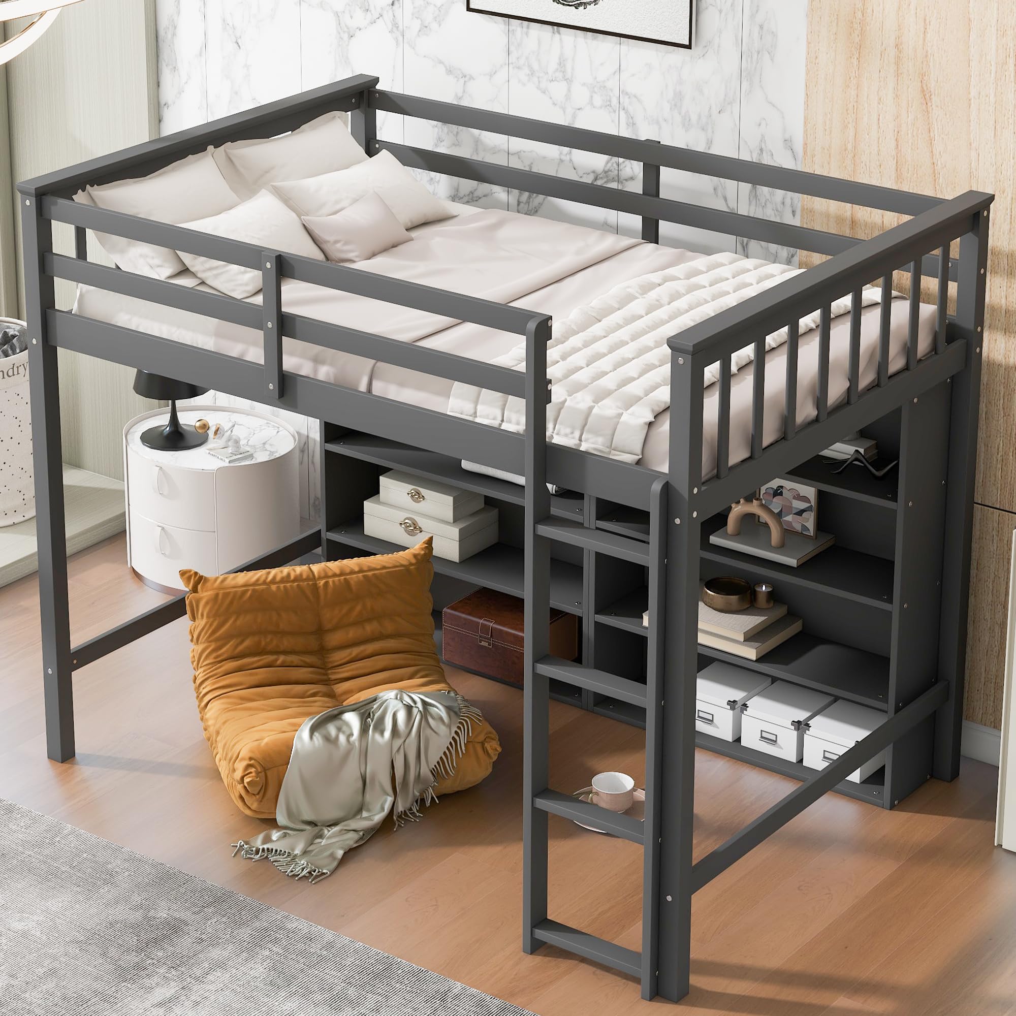 SOFTSEA Twin Size Loft Bed With Storage Shelves, Solid Wood Frame, Bookcase & Underbed Space, Ladder for Kids Boys Girls Teens, Grey