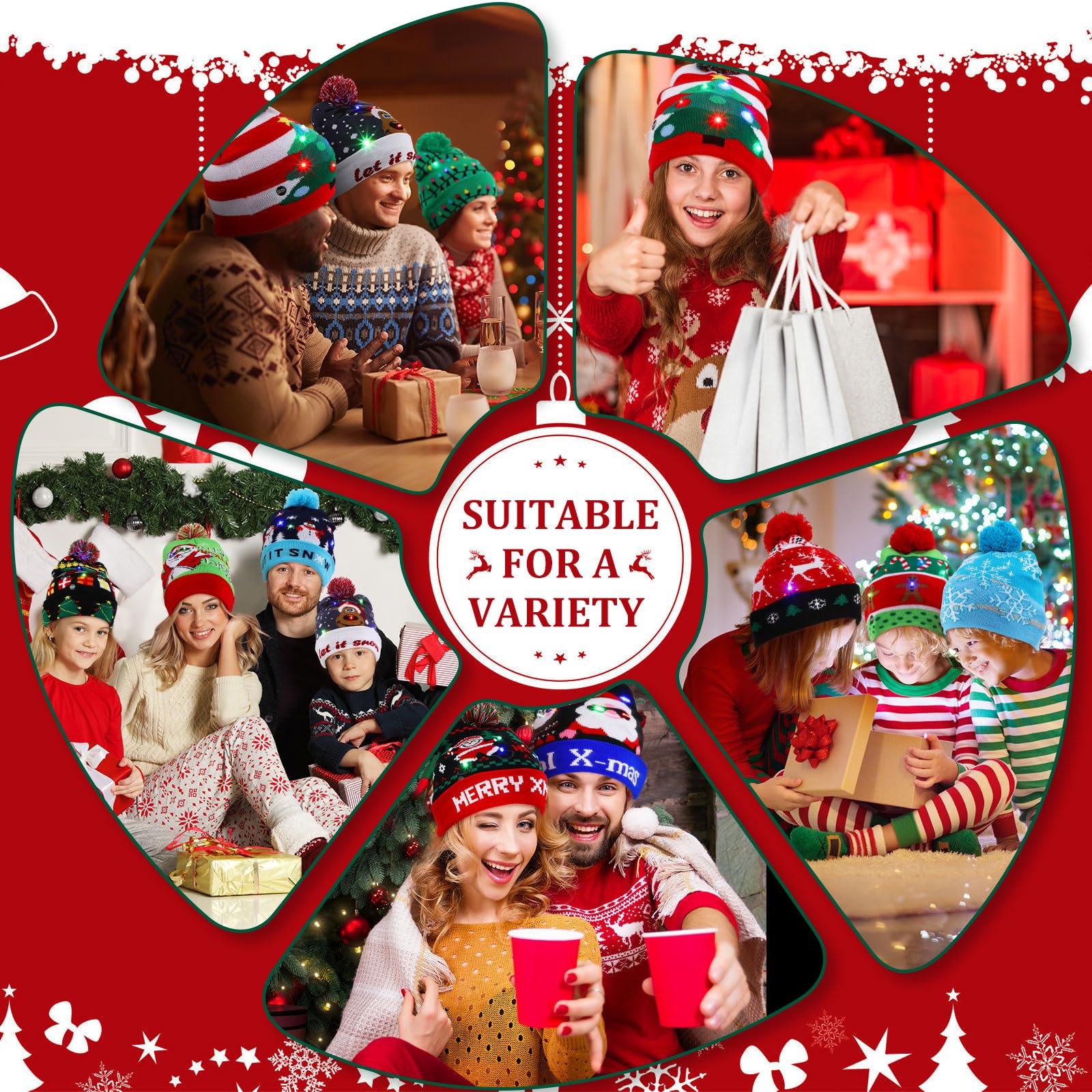 Vicenpal 15 sztuk bożonarodzeniowych czapek beanie LED Boże Narodzenie rozświetlana dzianinowa czapka miga świąteczny sweter czapka świąteczne artykuły imprezowe, jak pokazano na zdjęciu, jeden