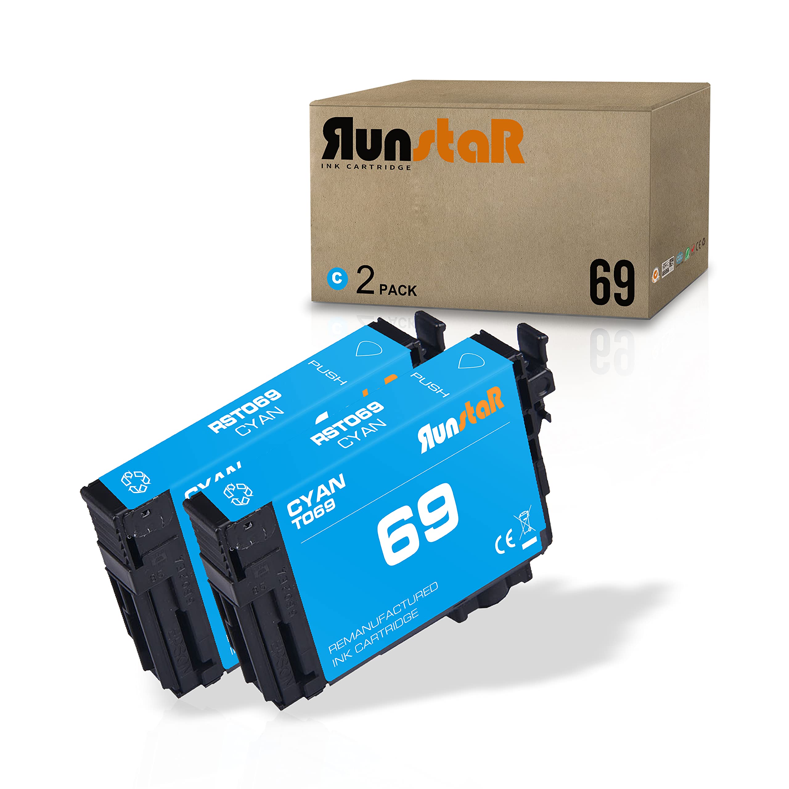 2 Pack 69 T069 Cyan Remanufactured Ink Cartridge Replacement for Epson 69 T069 use for Epson Stylus C120 CX5000 CX6000 CX8400 CX9400 NX110 NX300 NX400 NX415 Workforce 30 610 Printer (2 Cyan)