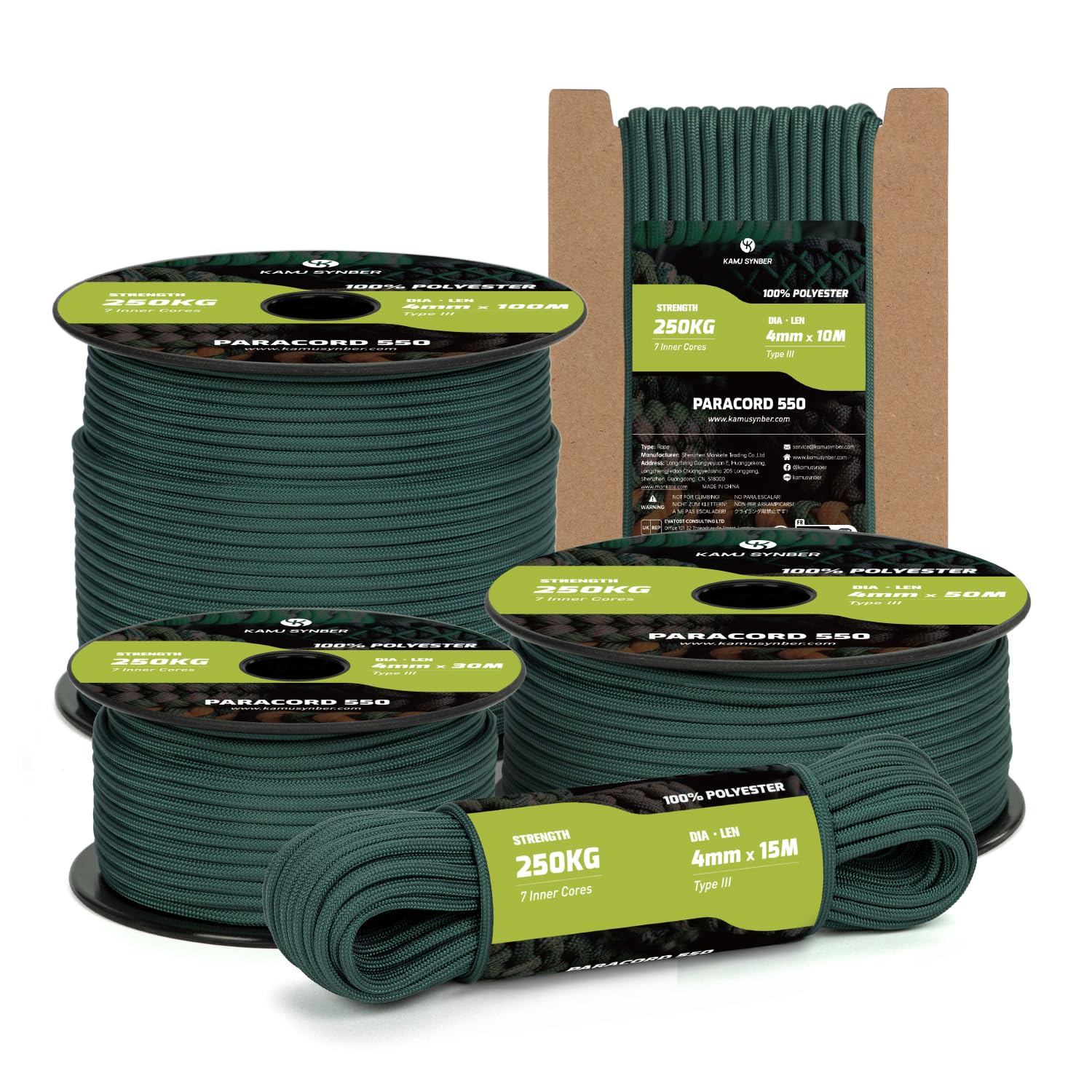 Kamu Synber Paracord 550 Type III 4mm 15m 7 Strands 100% Polyester Rope Parachute Cord Ideal for Crafting, Outdoor, Survival | Support 250kg | Dark Green