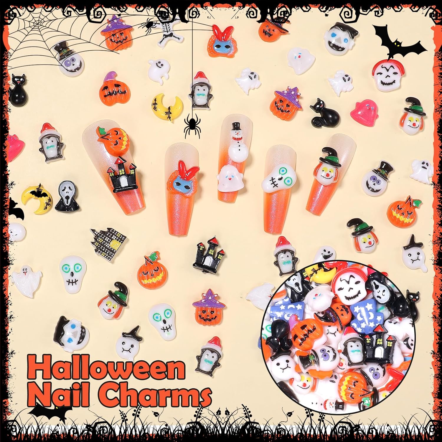 100 Pcs Assorted Halloween Nail Charms, Mini Figurines Cute Pumpkin