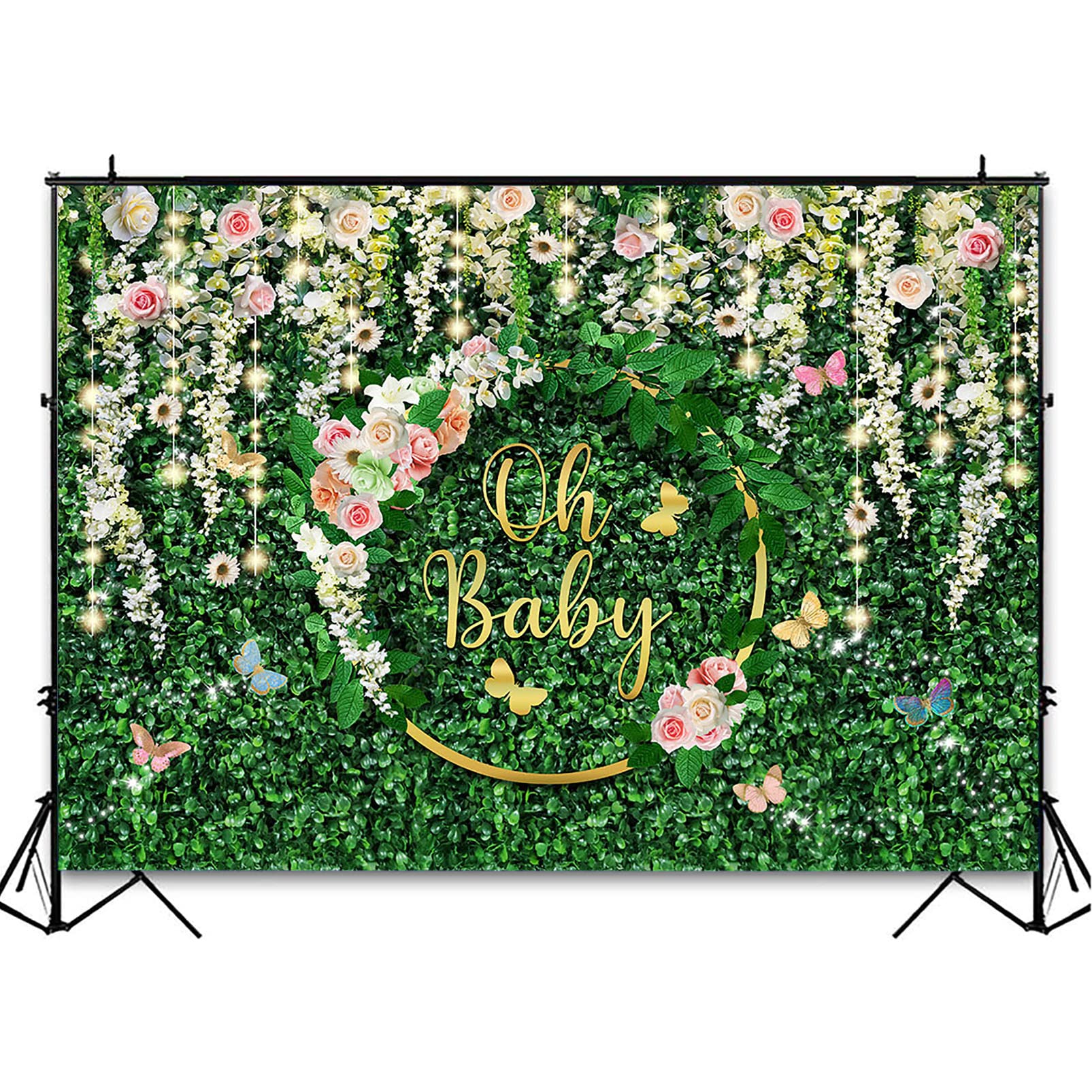 Botanical 'Oh Baby' Banner - Gold Foil Leaves Baby Shower Decor, Gender Neutral Backdrop, Greenery Photography Prop