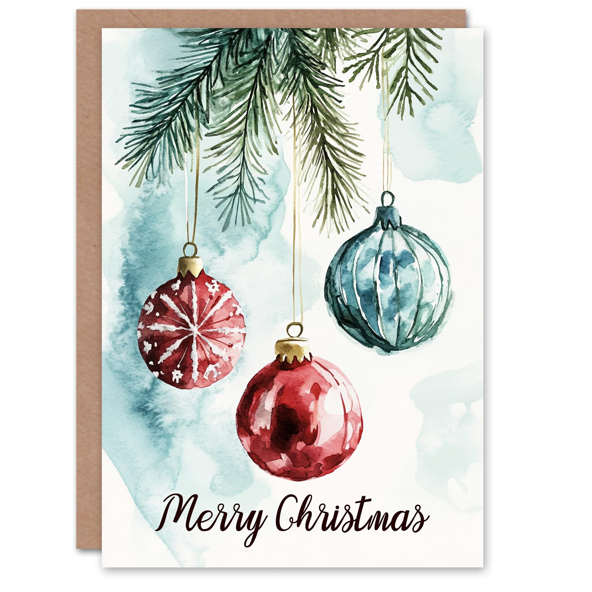 Artery8 Bauble Ornaments Hanging From Tree Watercolour Blank For Him Or Her Art Christmas Card