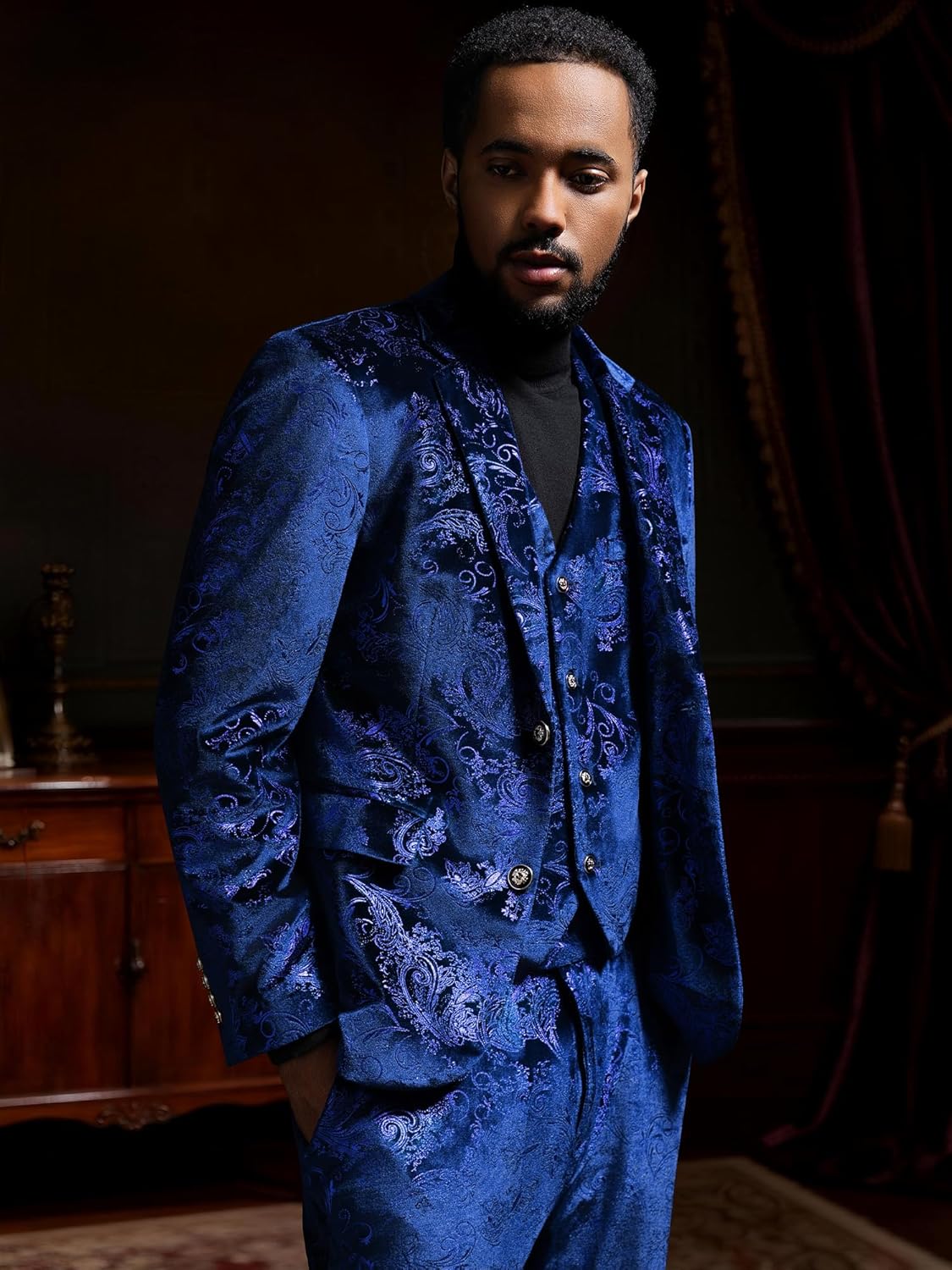 MAGE MALE Mens Suits Dress Floral Tuxedo Slim Fit 3 Piece Suit 2 Button Prom Party Blazer Vest Pants Set with Bow Tie - Image 2